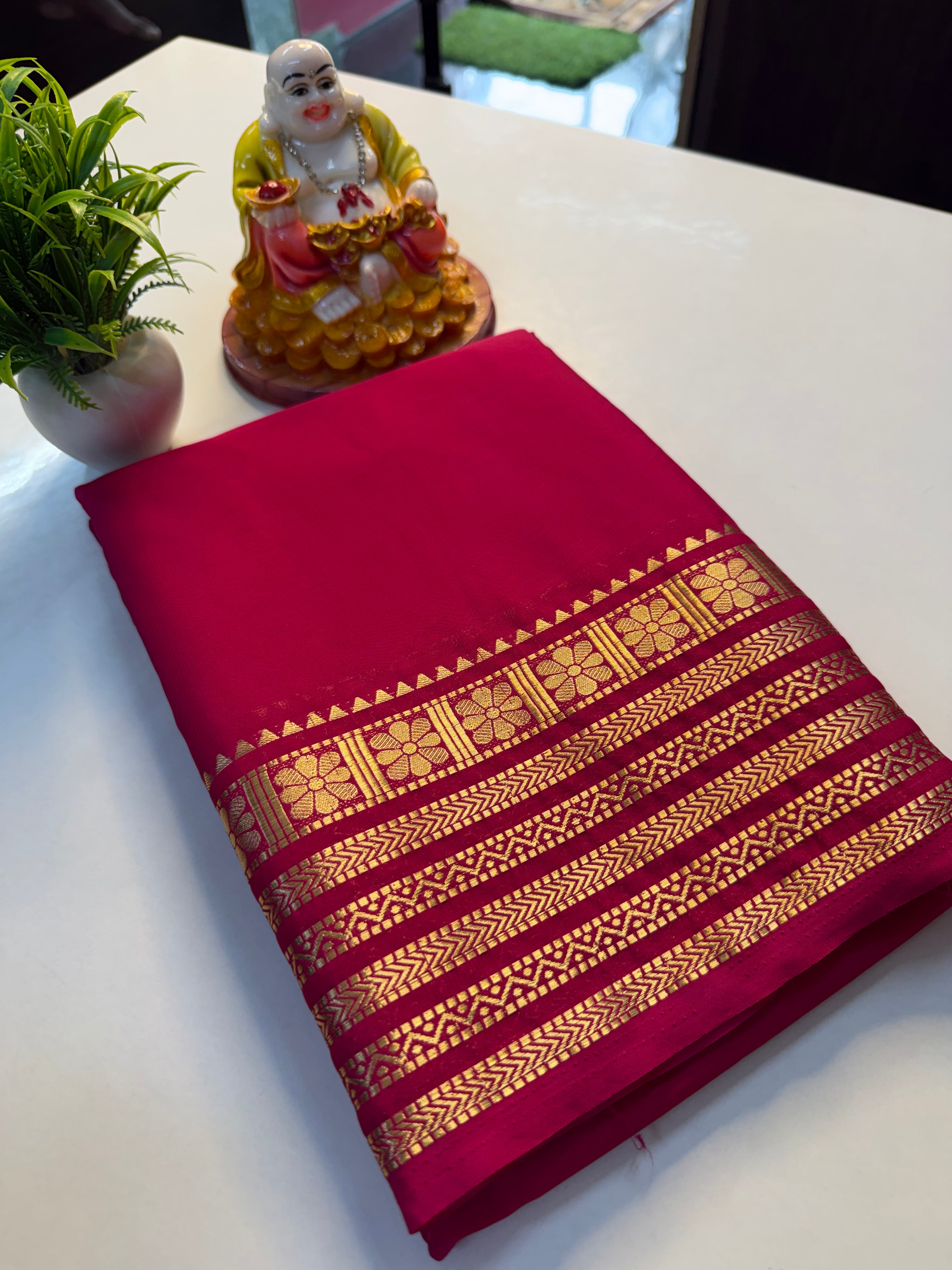 Premium Mysore Crepe Silk Saree with Golden Zari Border & Chit Pallu…