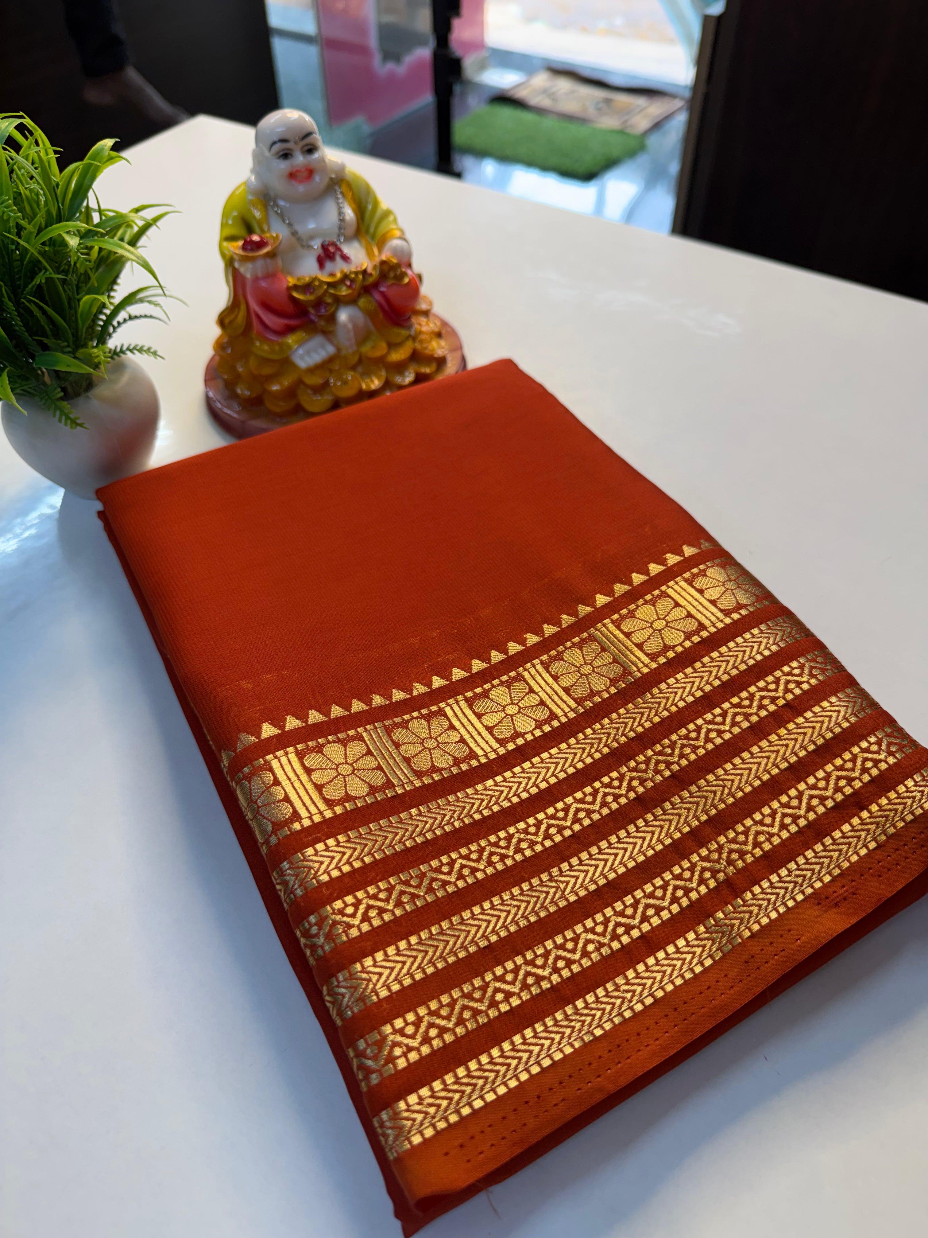 Premium Mysore Crepe Silk Saree with Golden Zari Border & Chit Pallu…