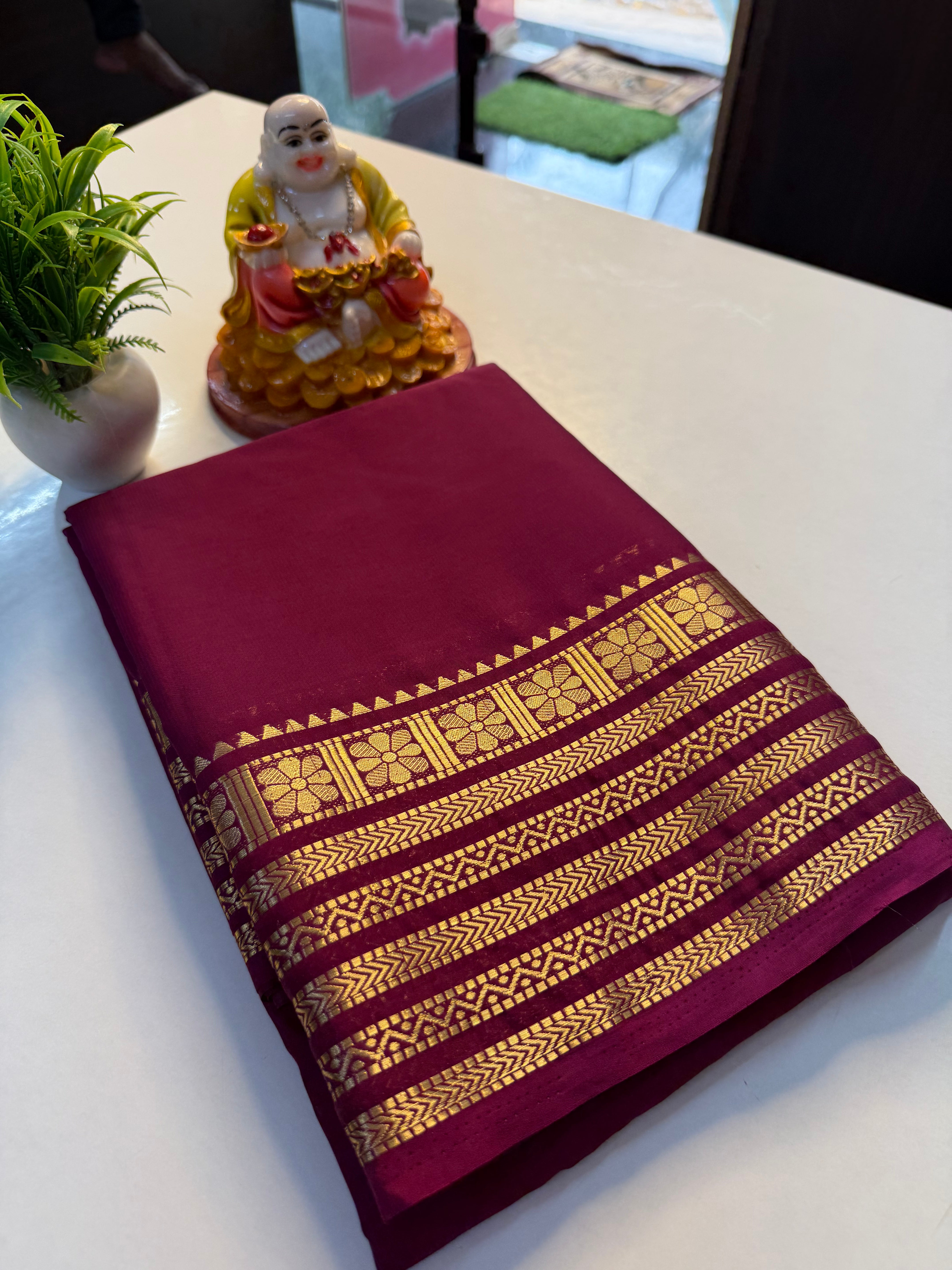 Premium Mysore Crepe Silk Saree with Golden Zari Border & Chit Pallu…