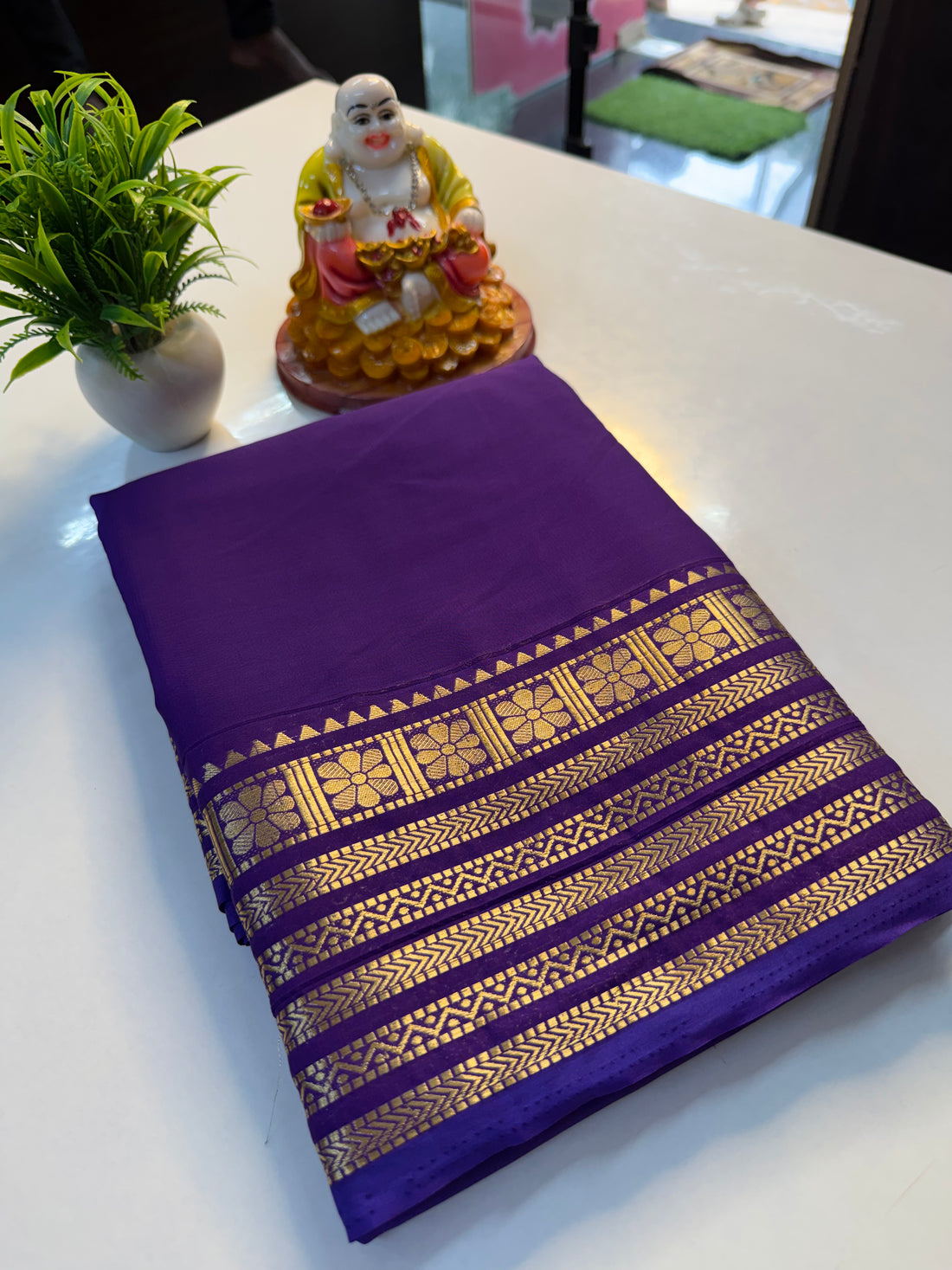 Premium Mysore Crepe Silk Saree with Golden Zari Border & Chit Pallu…