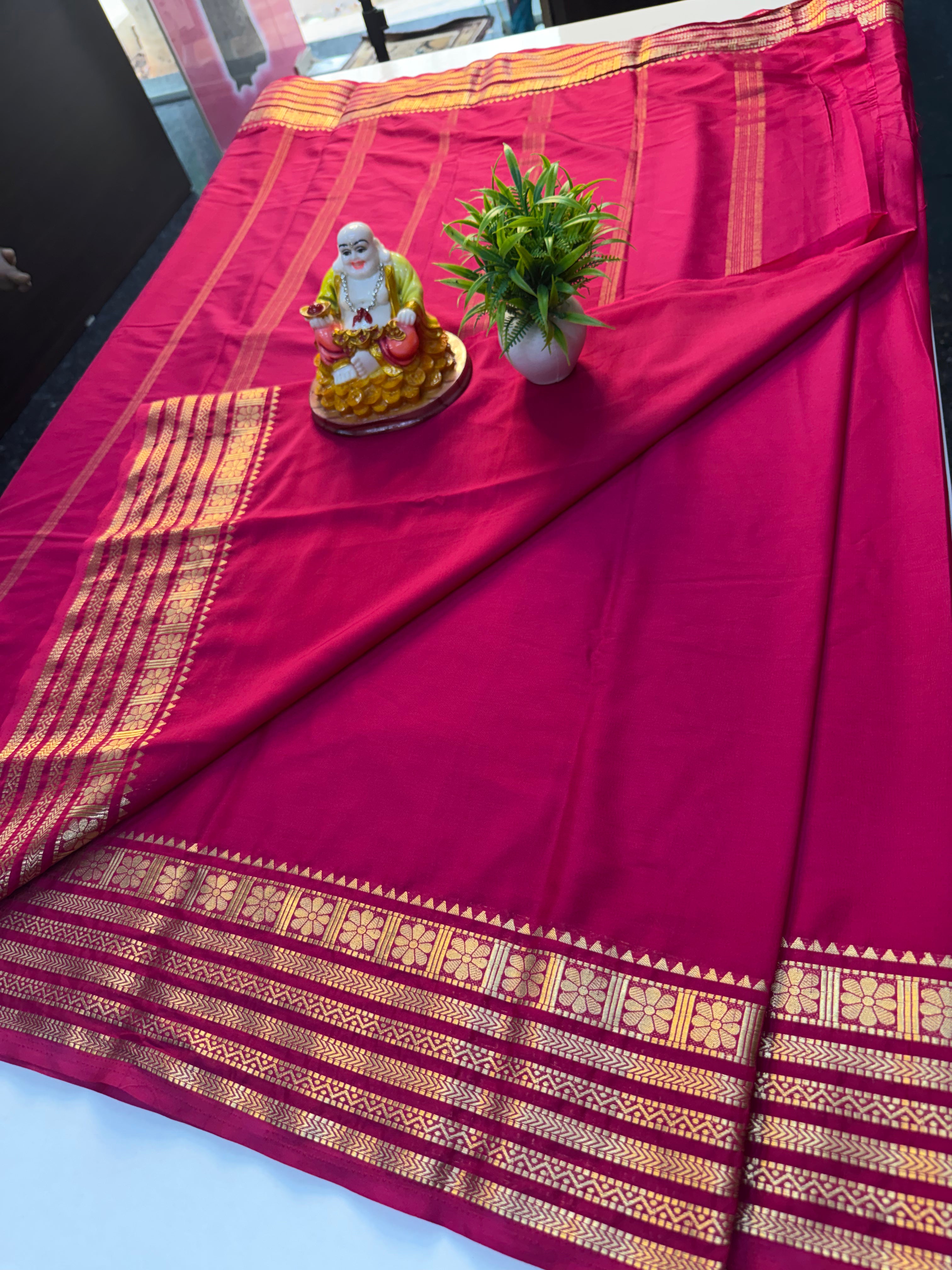 Premium Mysore Crepe Silk Saree with Golden Zari Border & Chit Pallu…