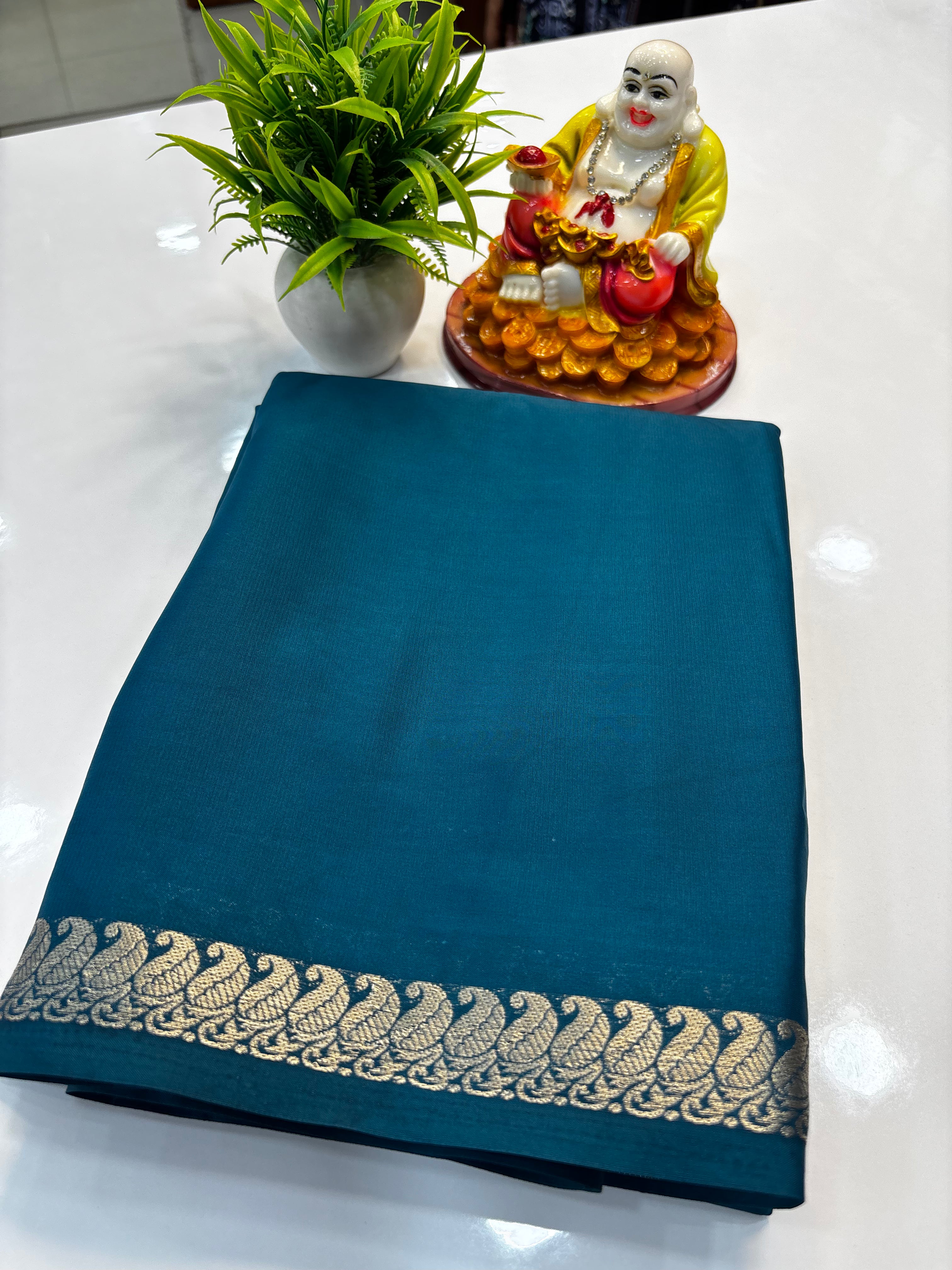 Premium Mysore Crepe Silk Saree with Mango Border & Chit Pallu | Padmavathi Silks