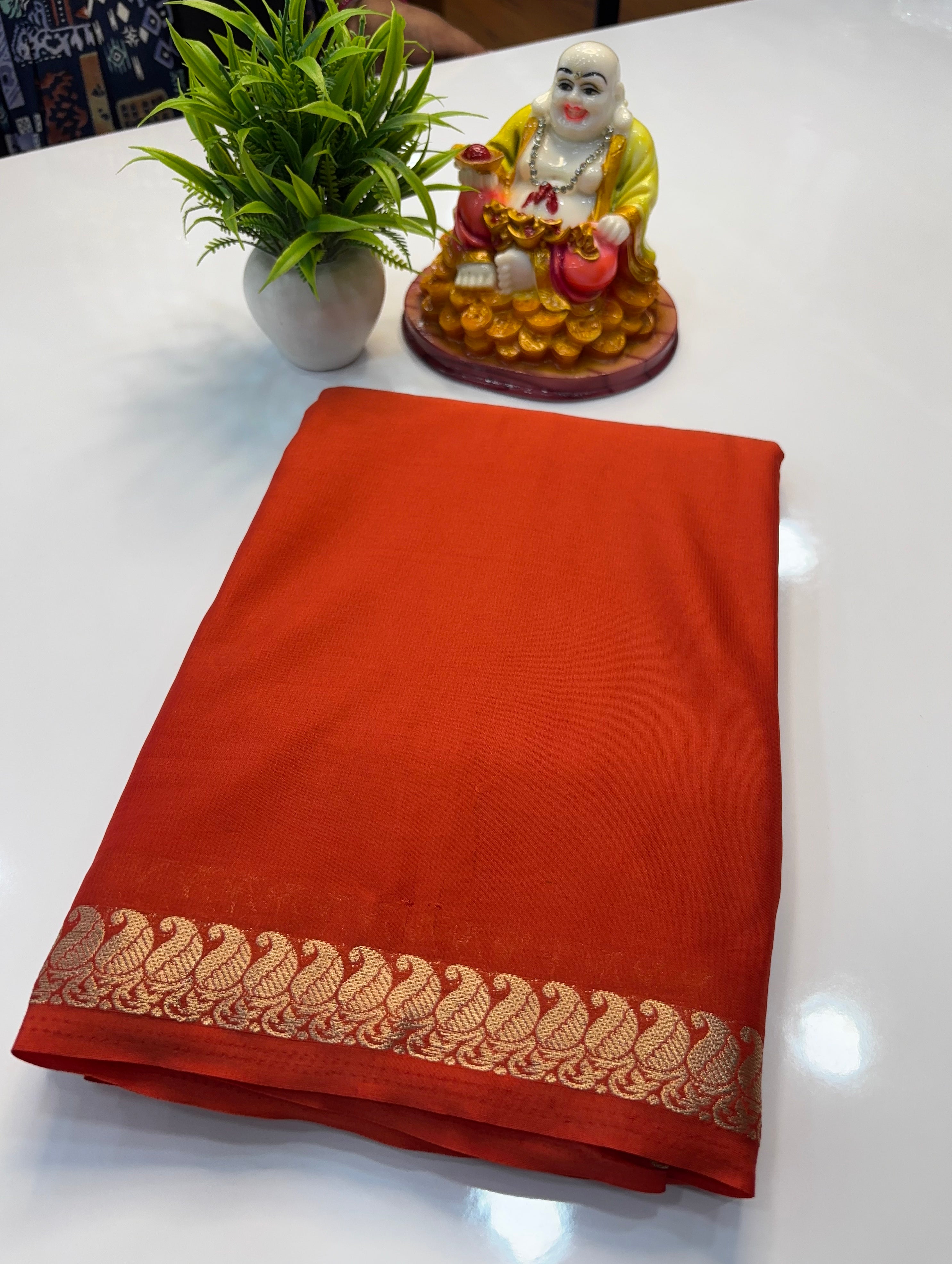 Premium Mysore Crepe Silk Saree with Mango Border & Chit Pallu | Padmavathi Silks