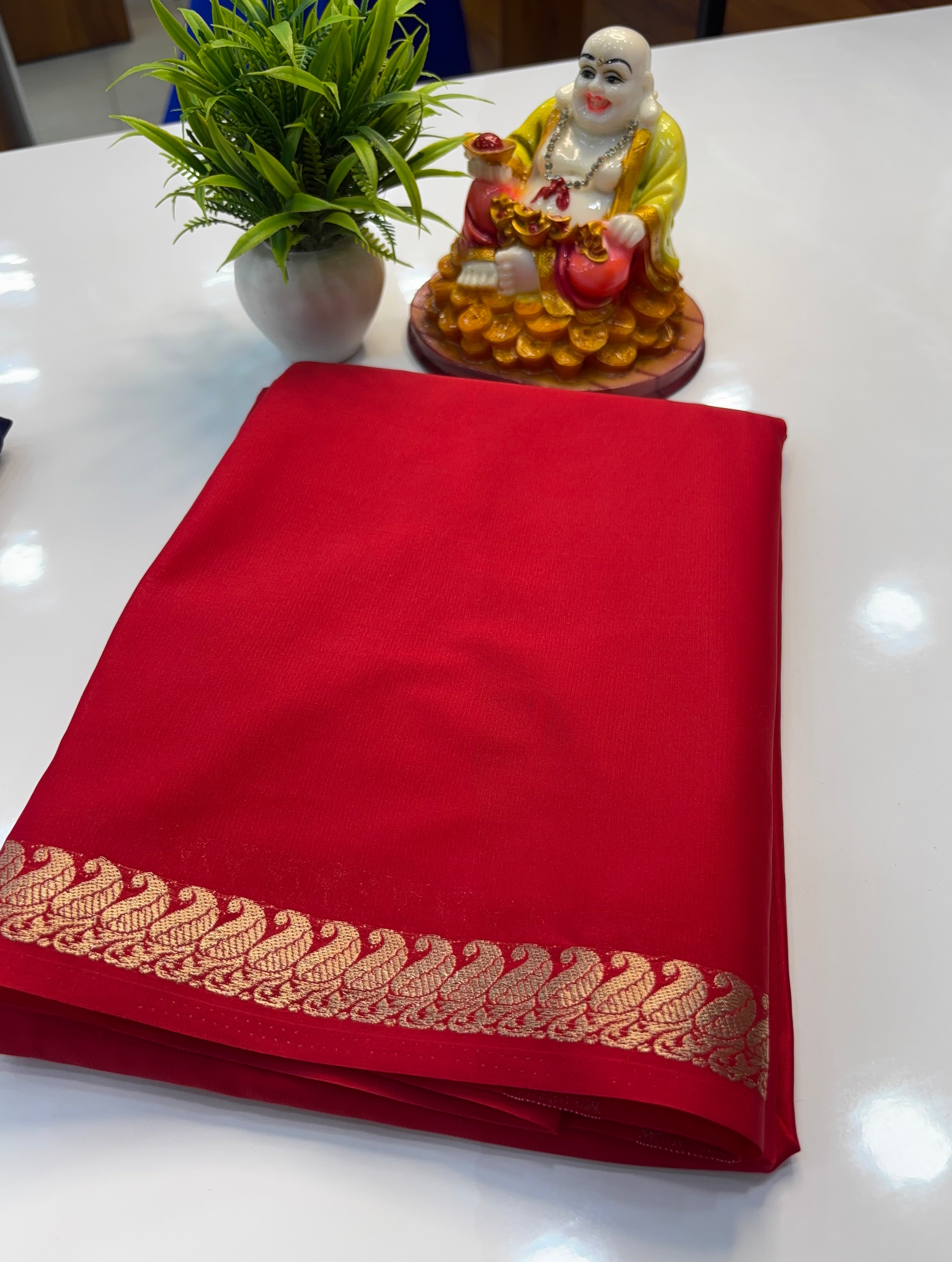 Premium Mysore Crepe Silk Saree with Mango Border & Chit Pallu | Padmavathi Silks