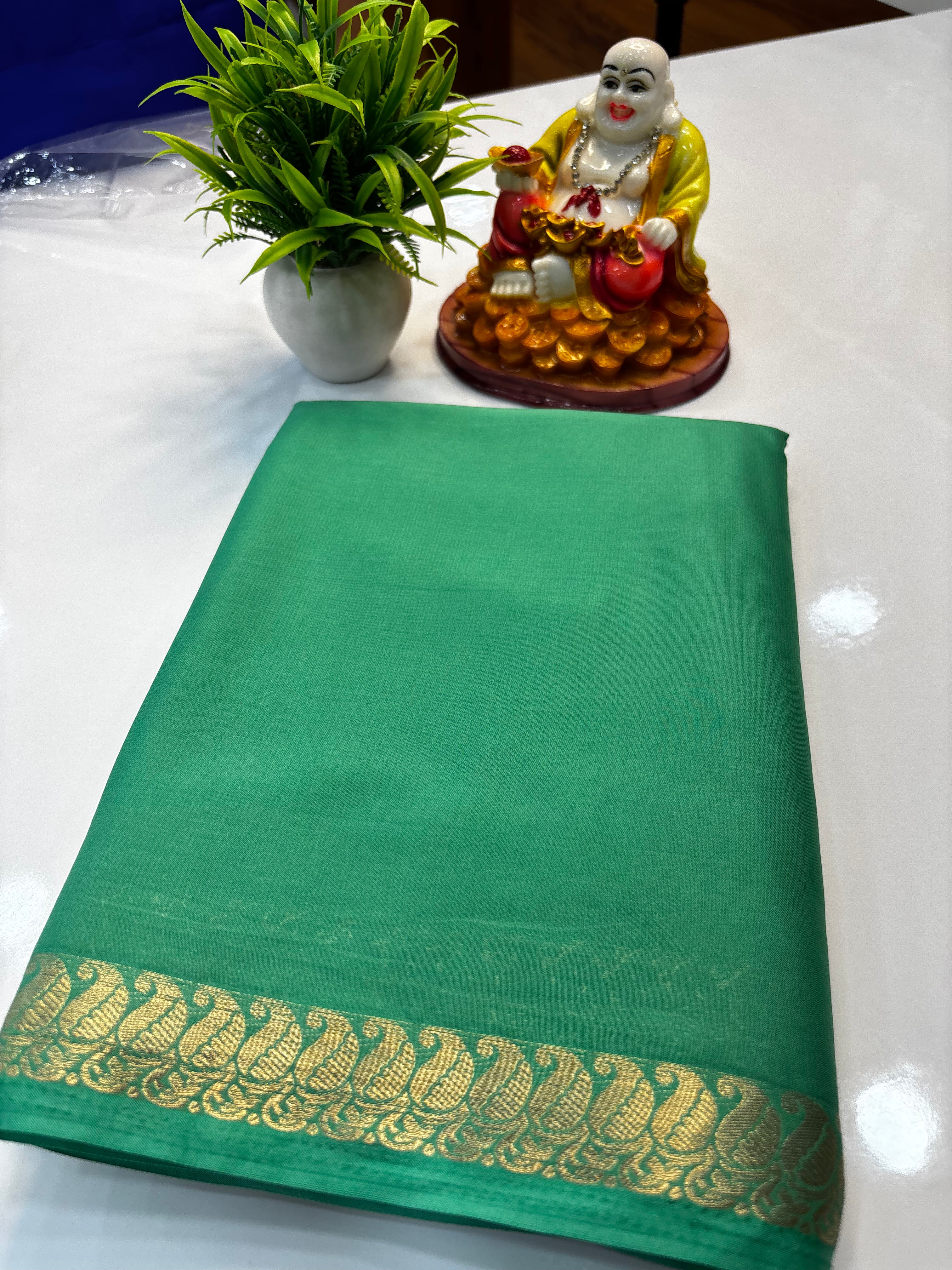 Premium Mysore Crepe Silk Saree with Mango Border & Chit Pallu | Padmavathi Silks