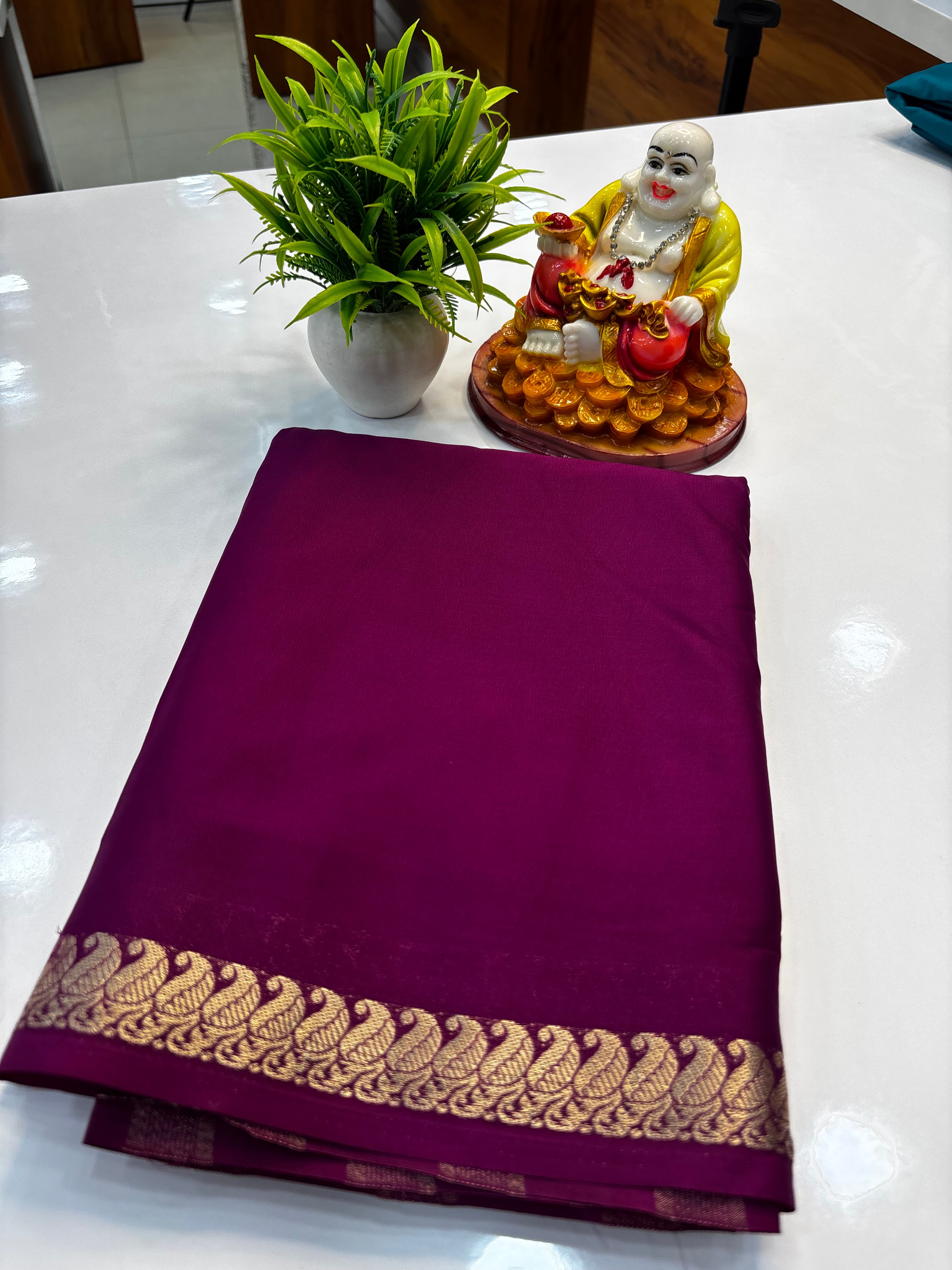 Premium Mysore Crepe Silk Saree with Mango Border & Chit Pallu | Padmavathi Silks