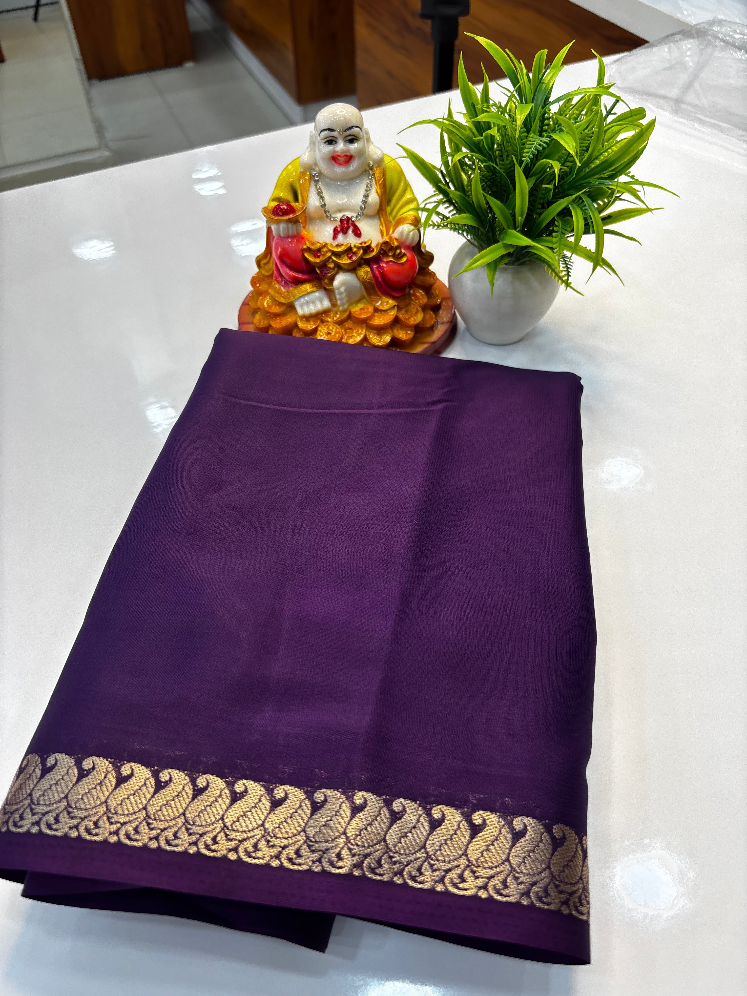 Premium Mysore Crepe Silk Saree with Mango Border & Chit Pallu | Padmavathi Silks