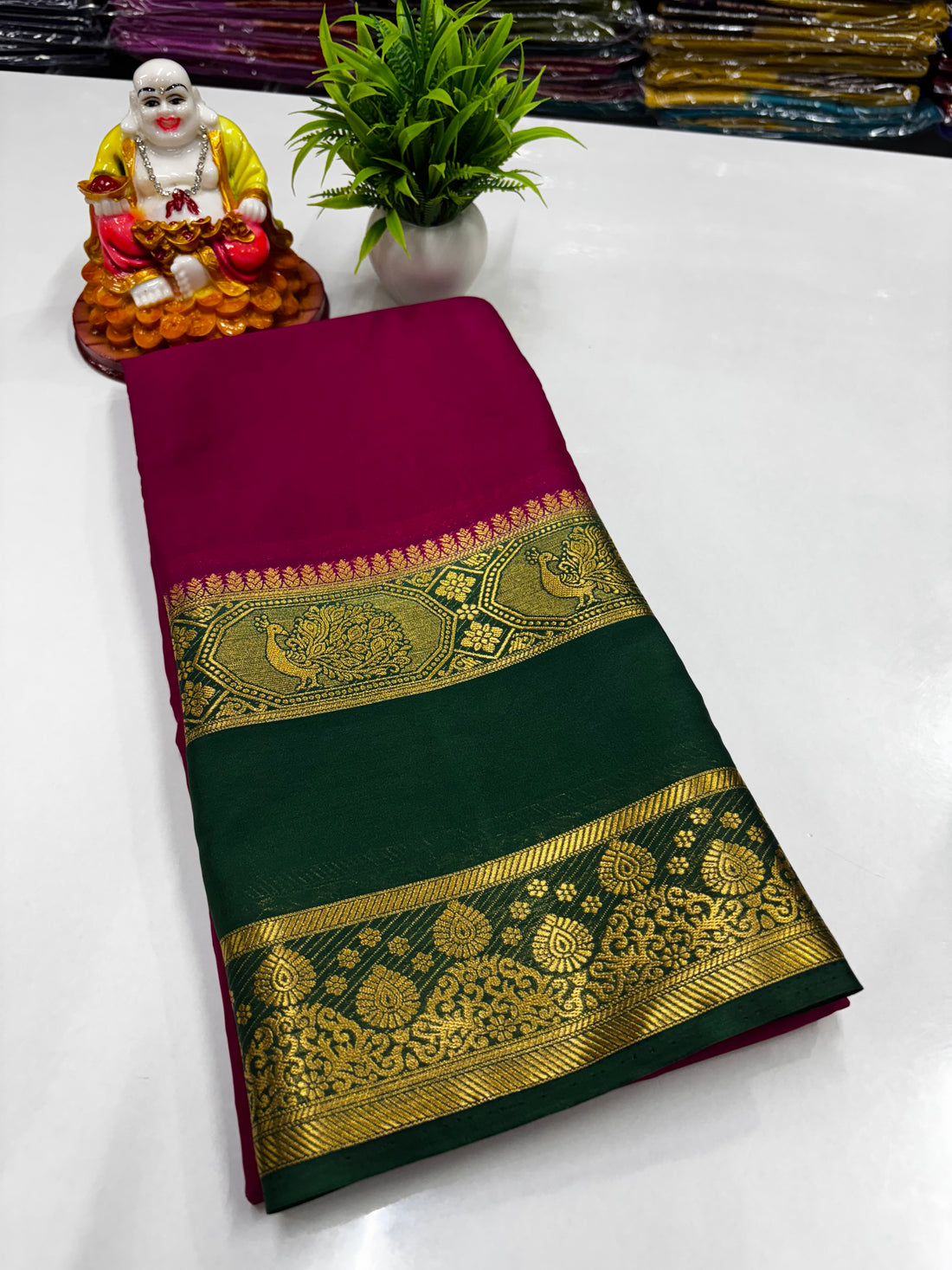 Mysore Crepe Silk Saree with Beautiful Mayuri Border | Padmavathi Silks and Sarees