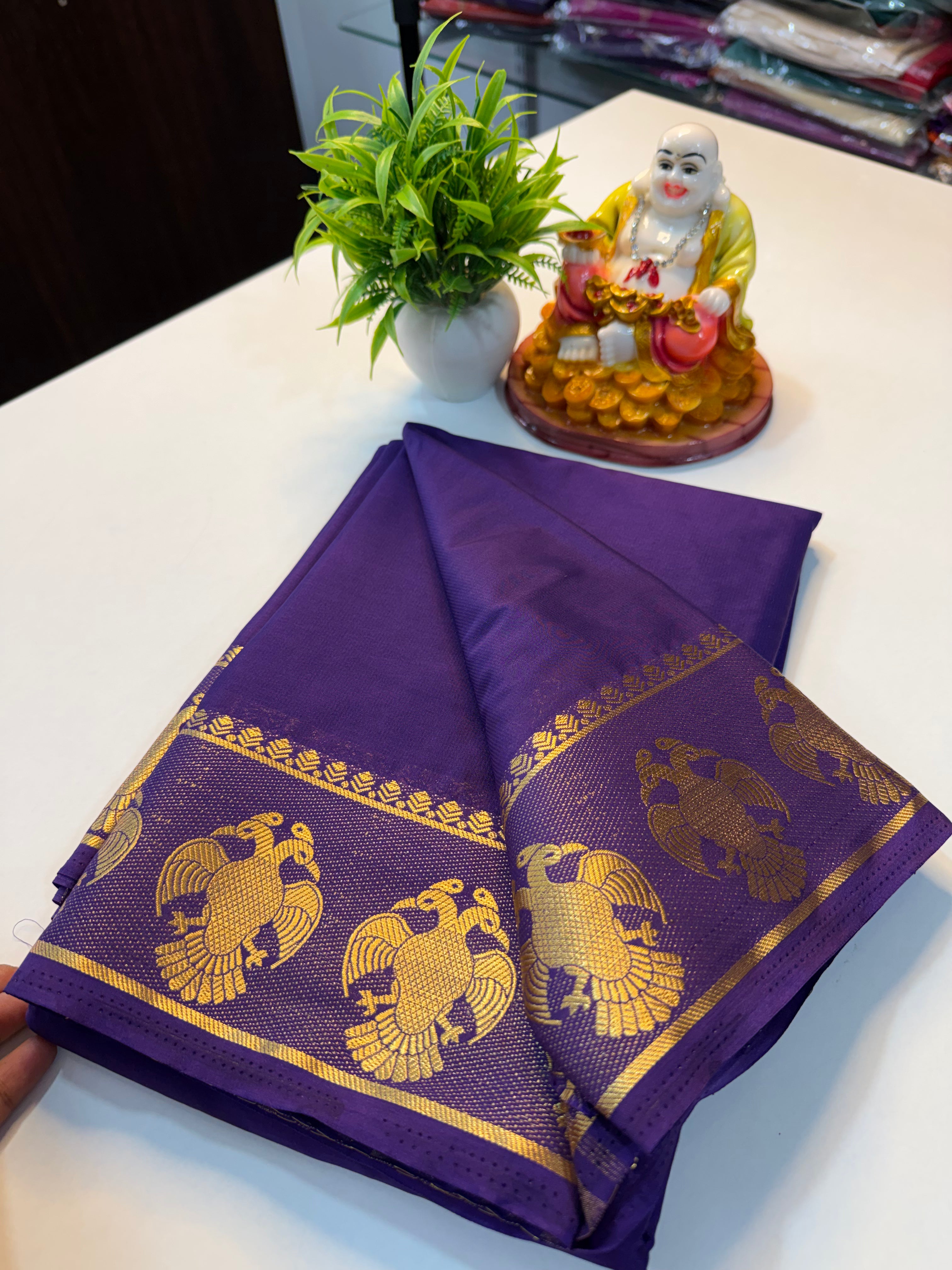Mysore Crepe Silk Saree with Garuda Border &amp; Chit Pallu…