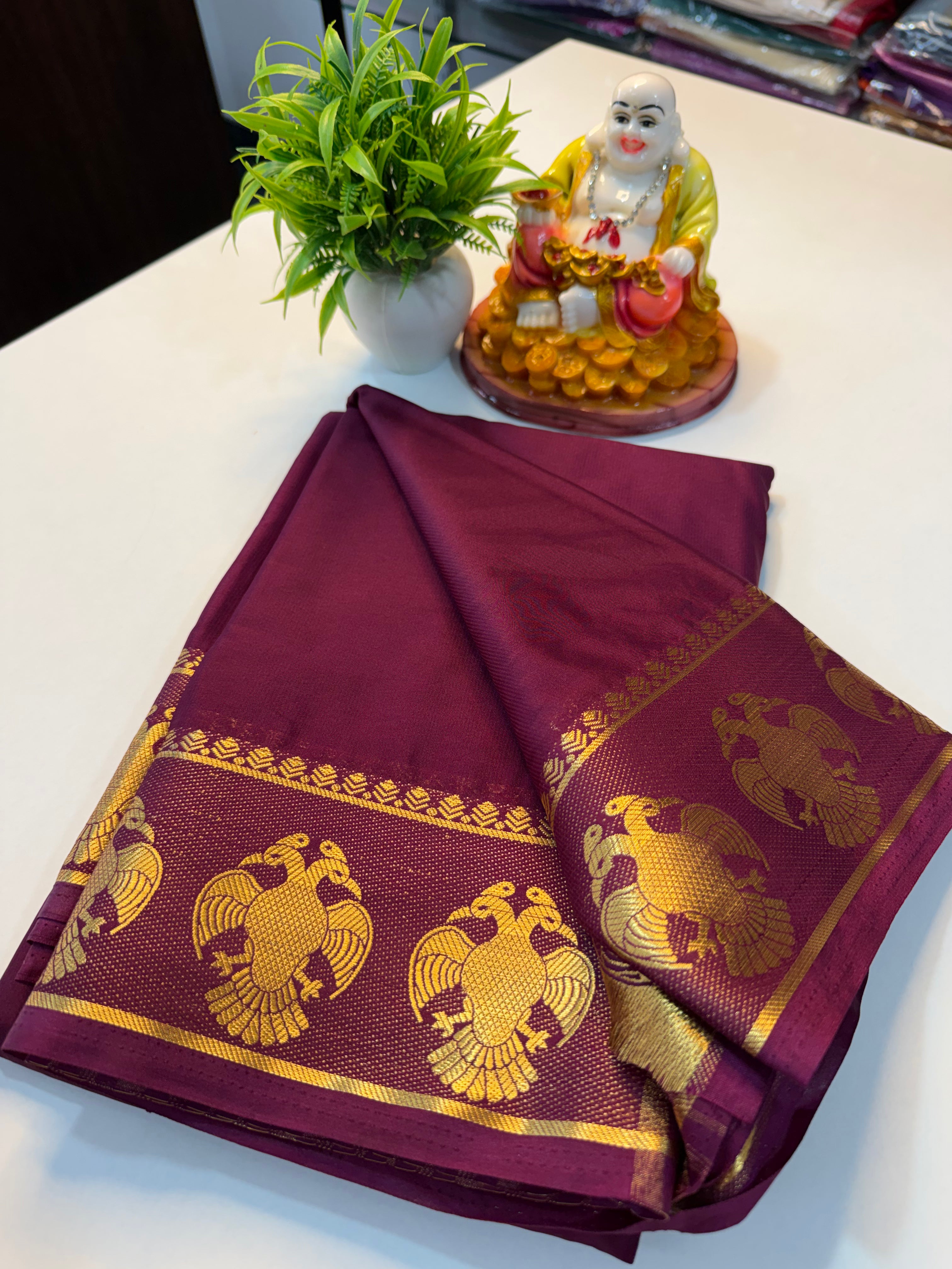 Mysore Crepe Silk Saree with Garuda Border &amp; Chit Pallu…