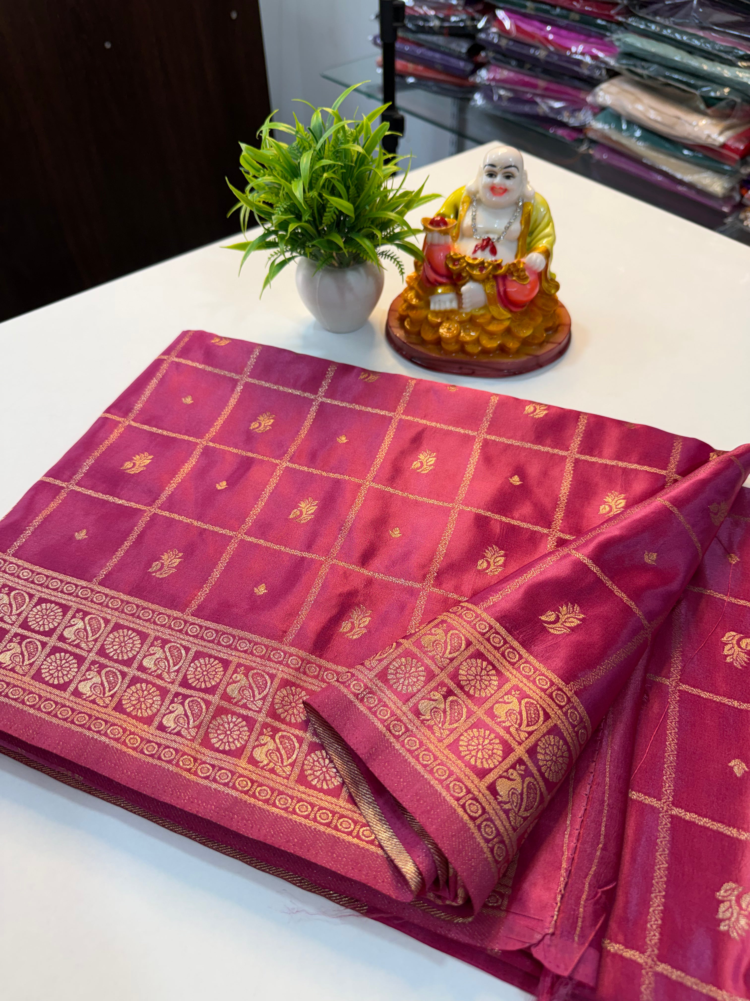 Premium Satin Saree with Checks & Buttas | Rich Pallu …