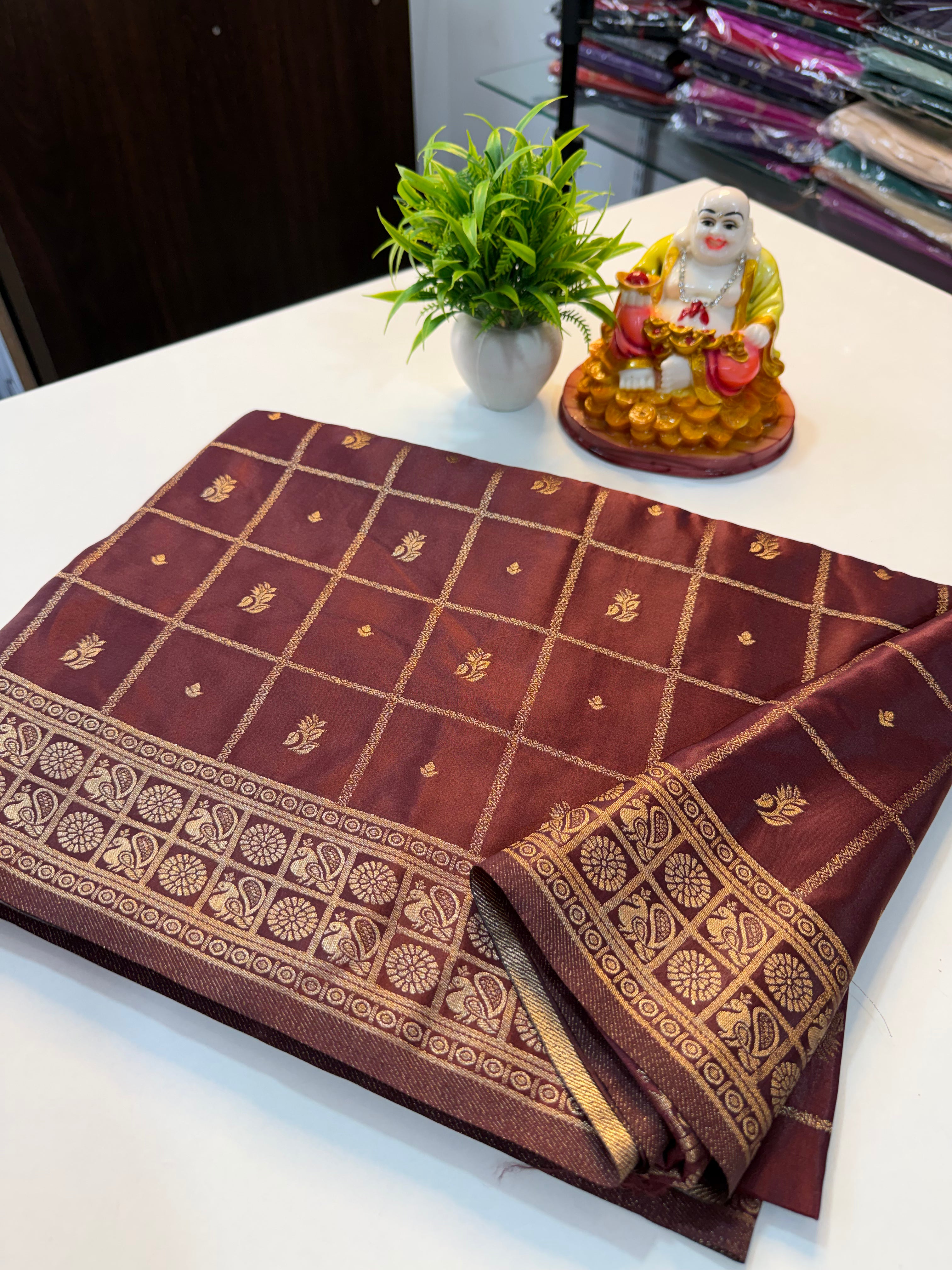 Premium Satin Saree with Checks & Buttas | Rich Pallu …