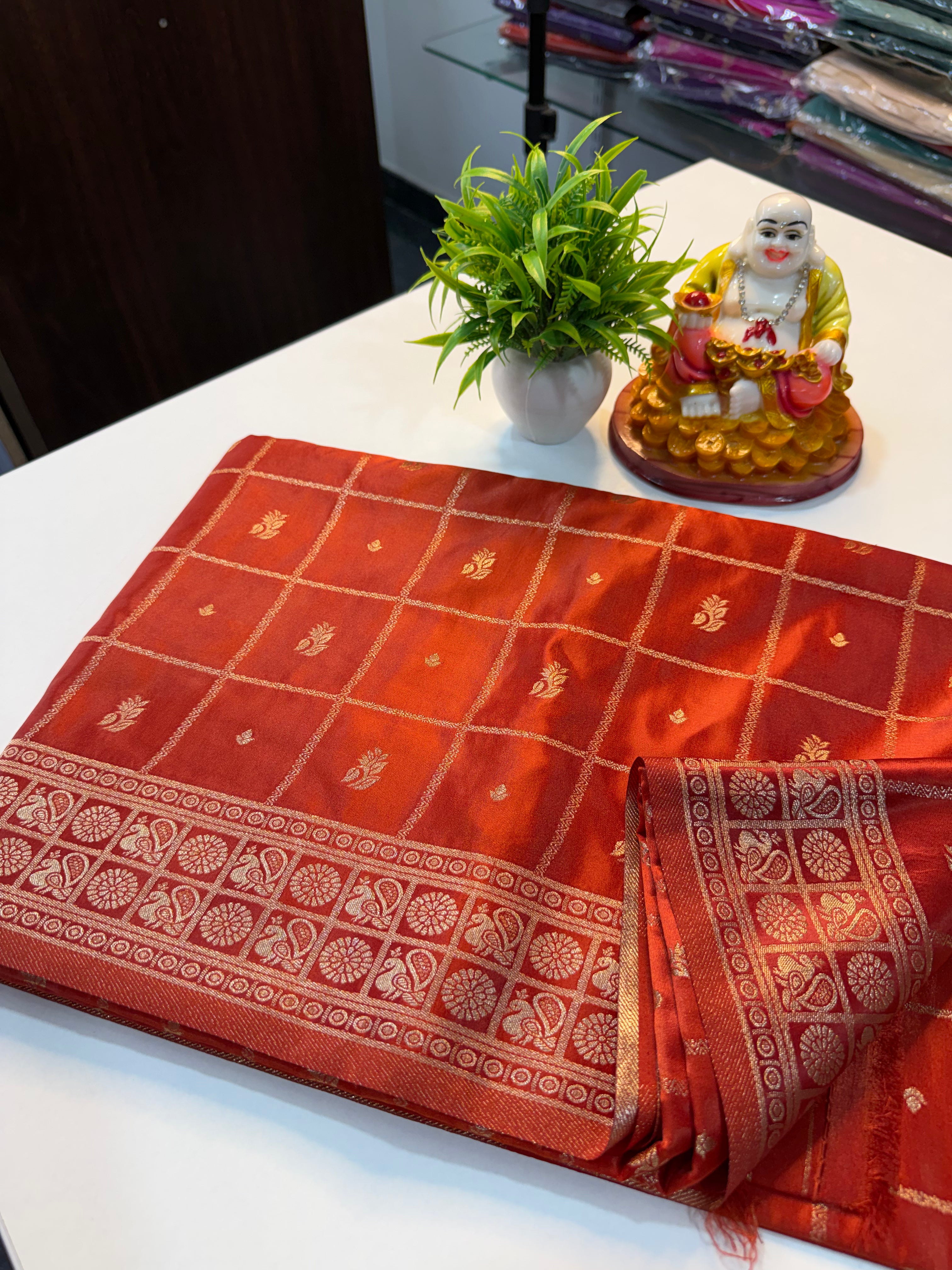 Premium Satin Saree with Checks & Buttas | Rich Pallu …