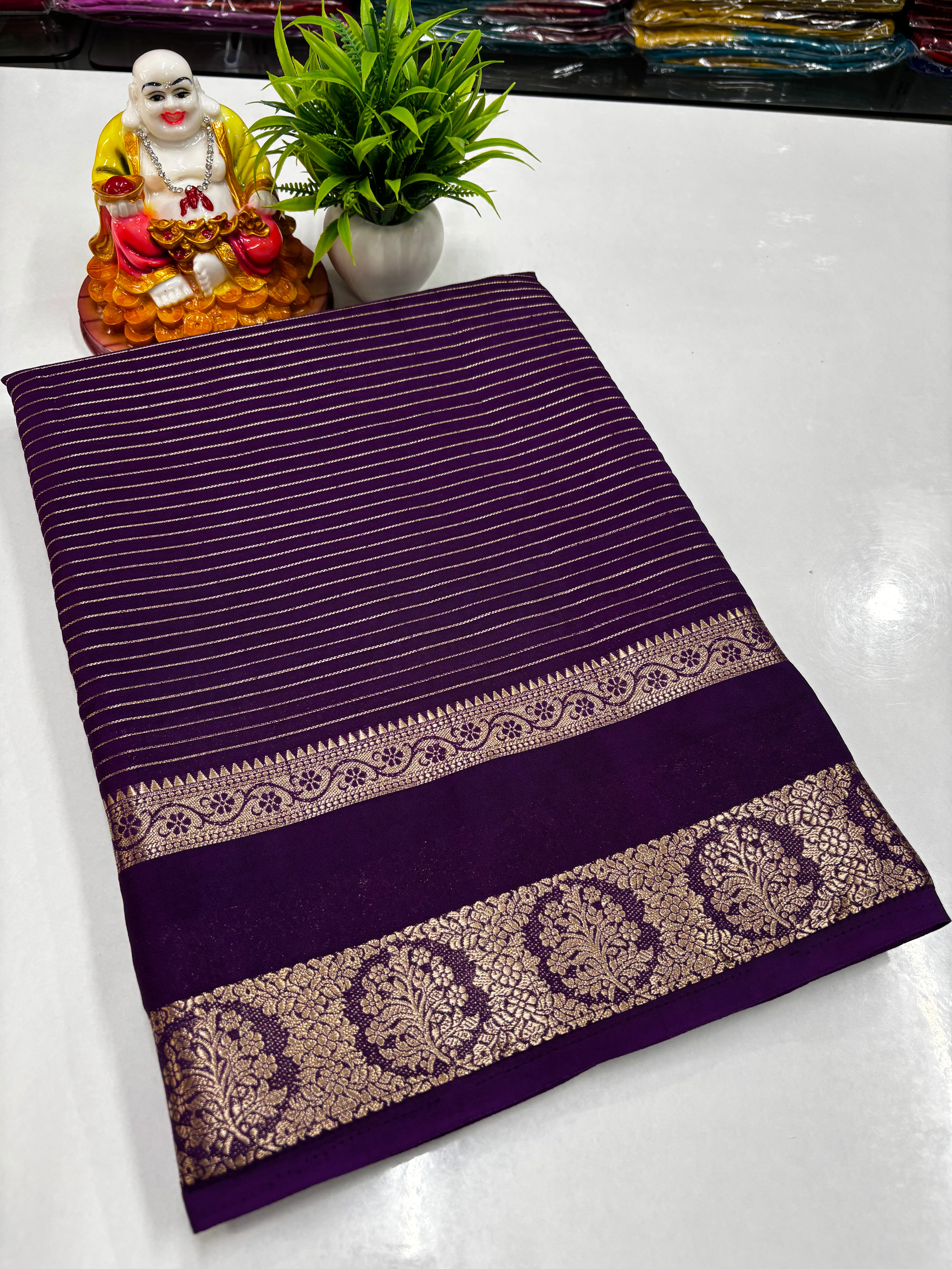 Mysore Crepe Silk Saree with Stripes & Rich Pallu