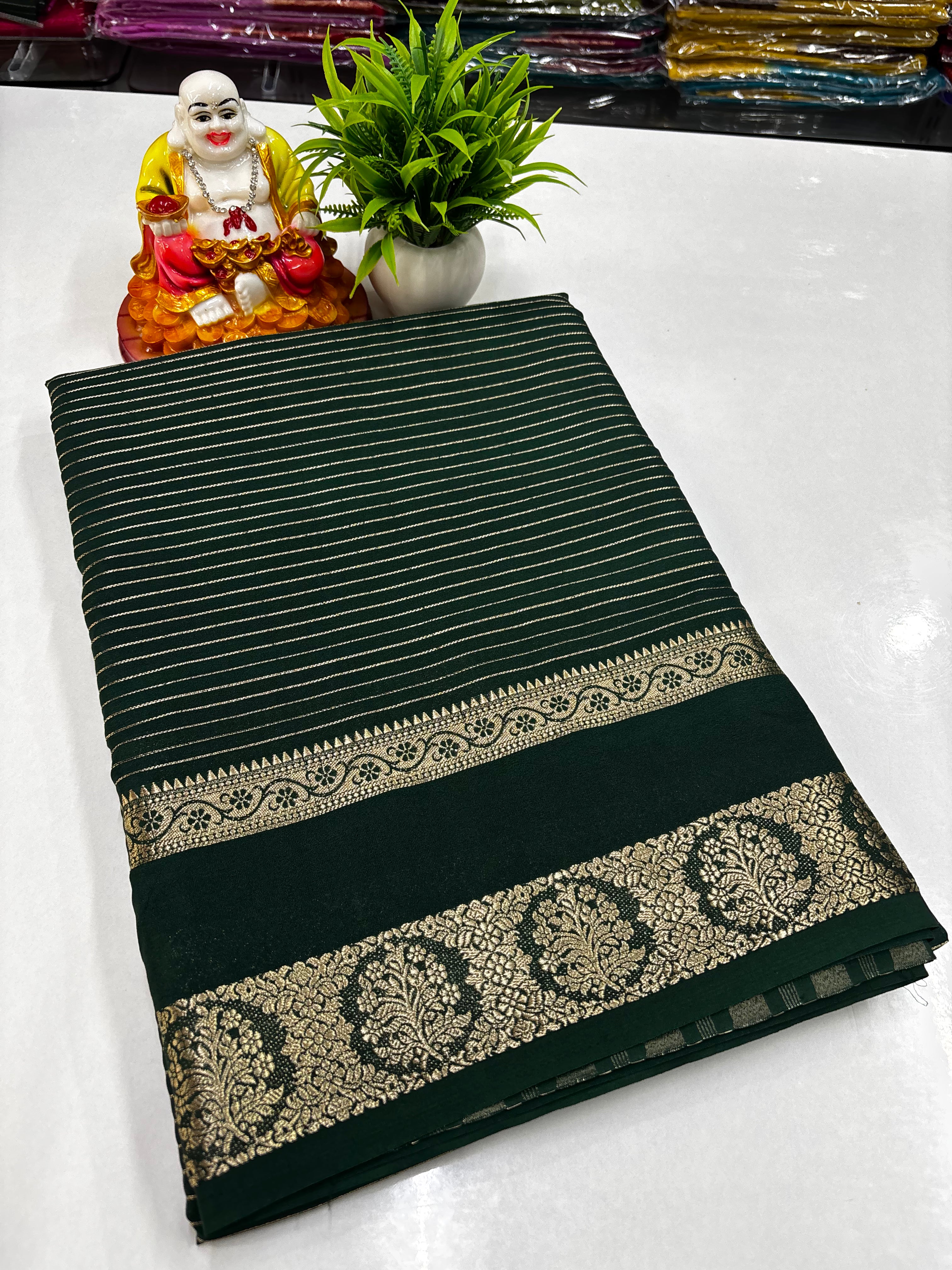 Mysore Crepe Silk Saree with Stripes & Rich Pallu