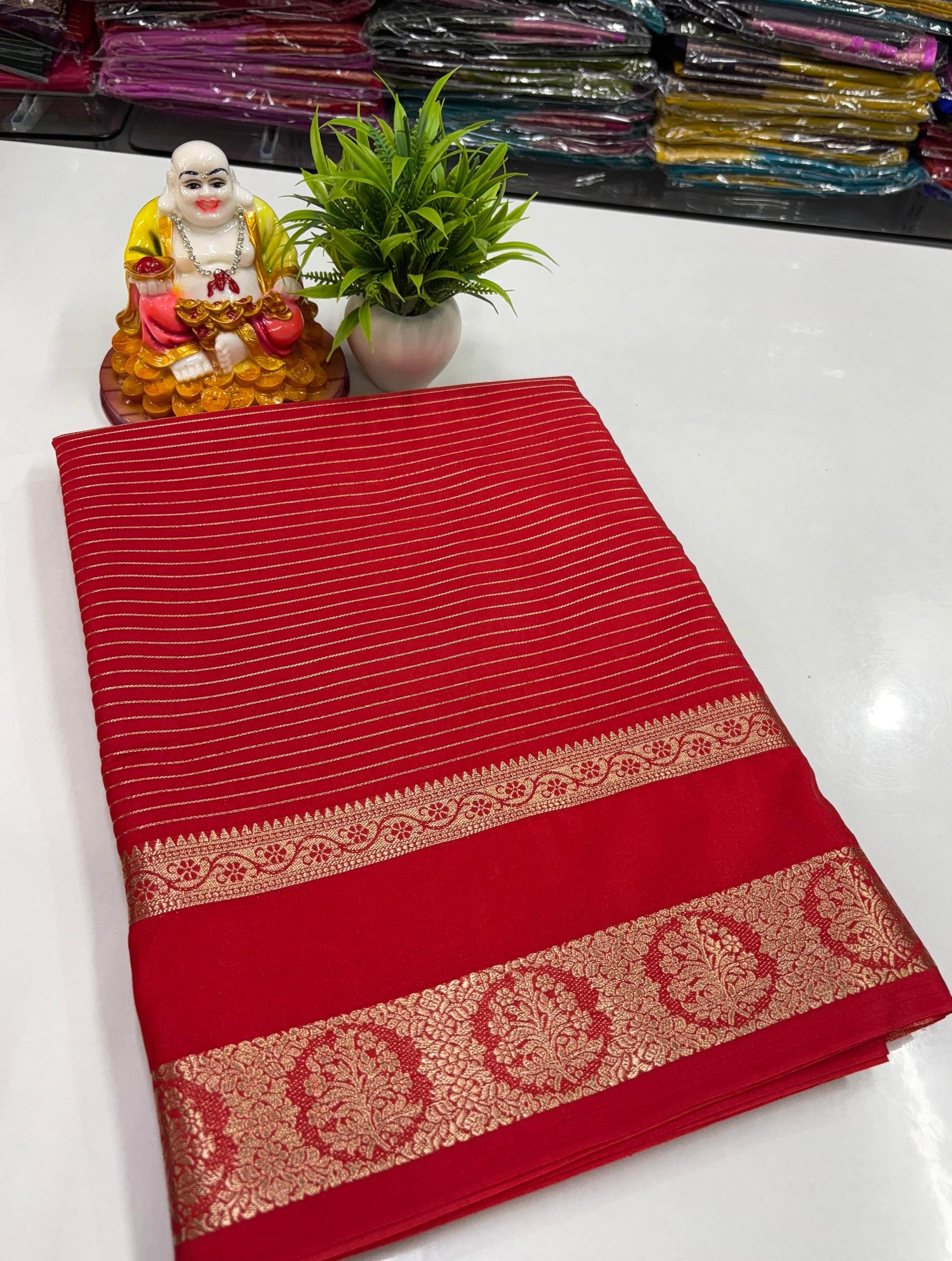 Mysore Crepe Silk Saree with Stripes & Rich Pallu
