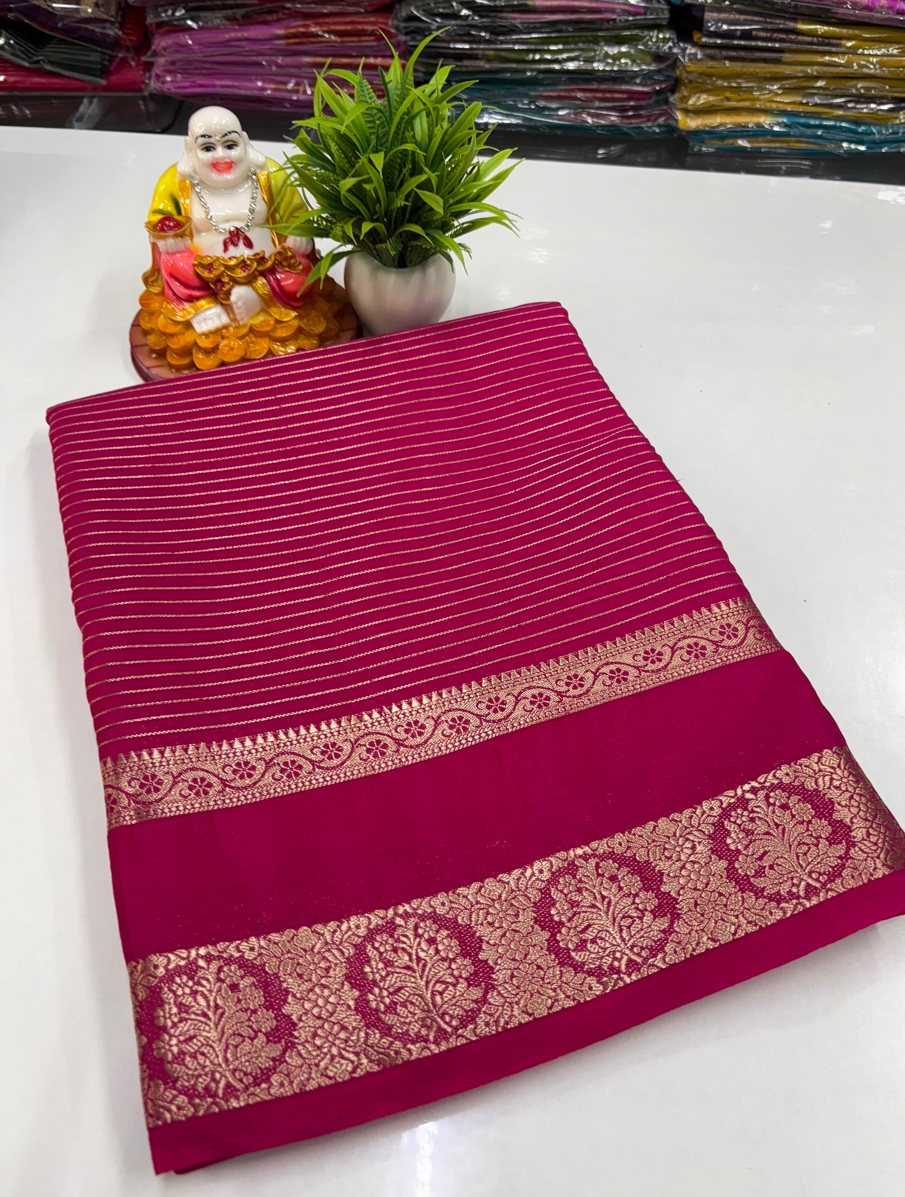 Mysore Crepe Silk Saree with Stripes & Rich Pallu