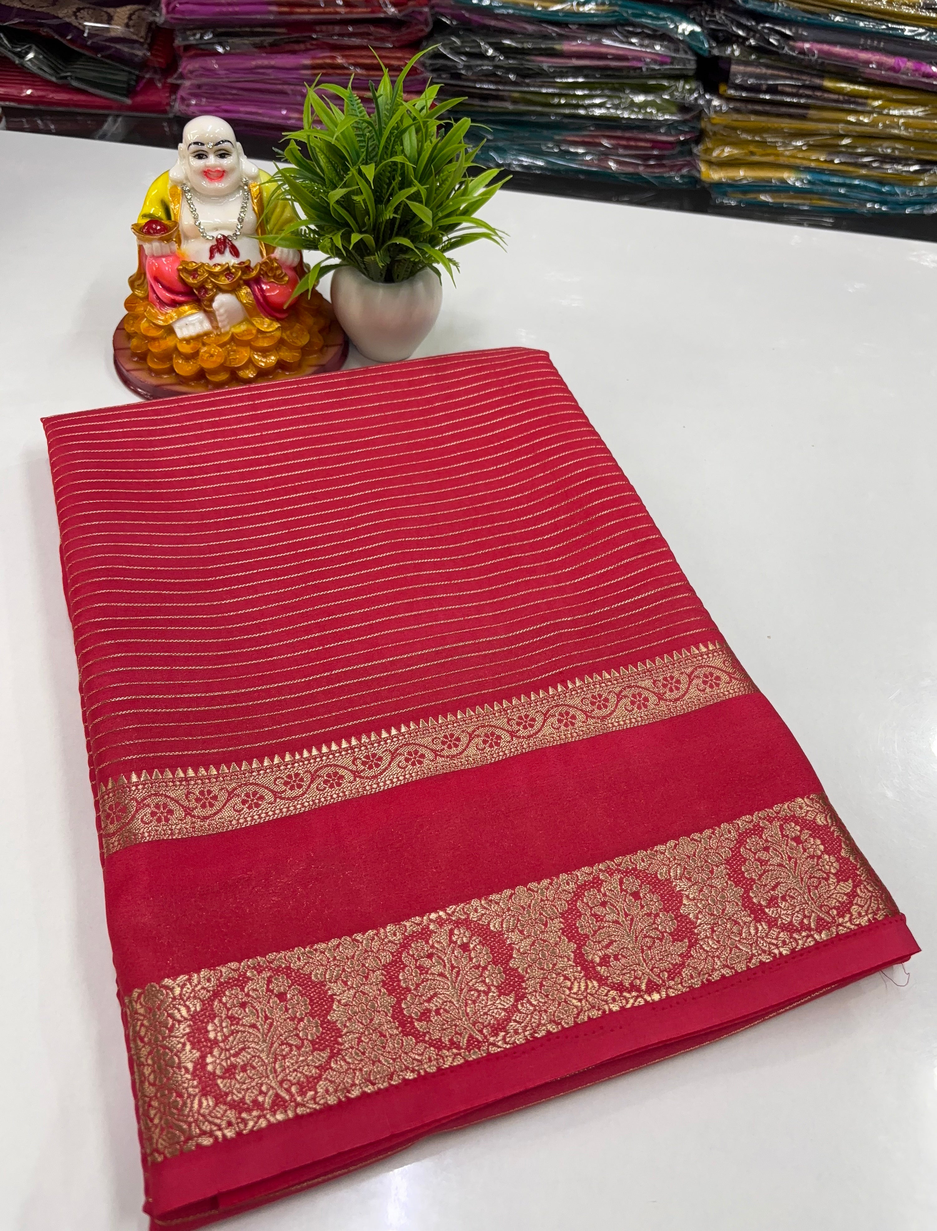 Mysore Crepe Silk Saree with Stripes & Rich Pallu