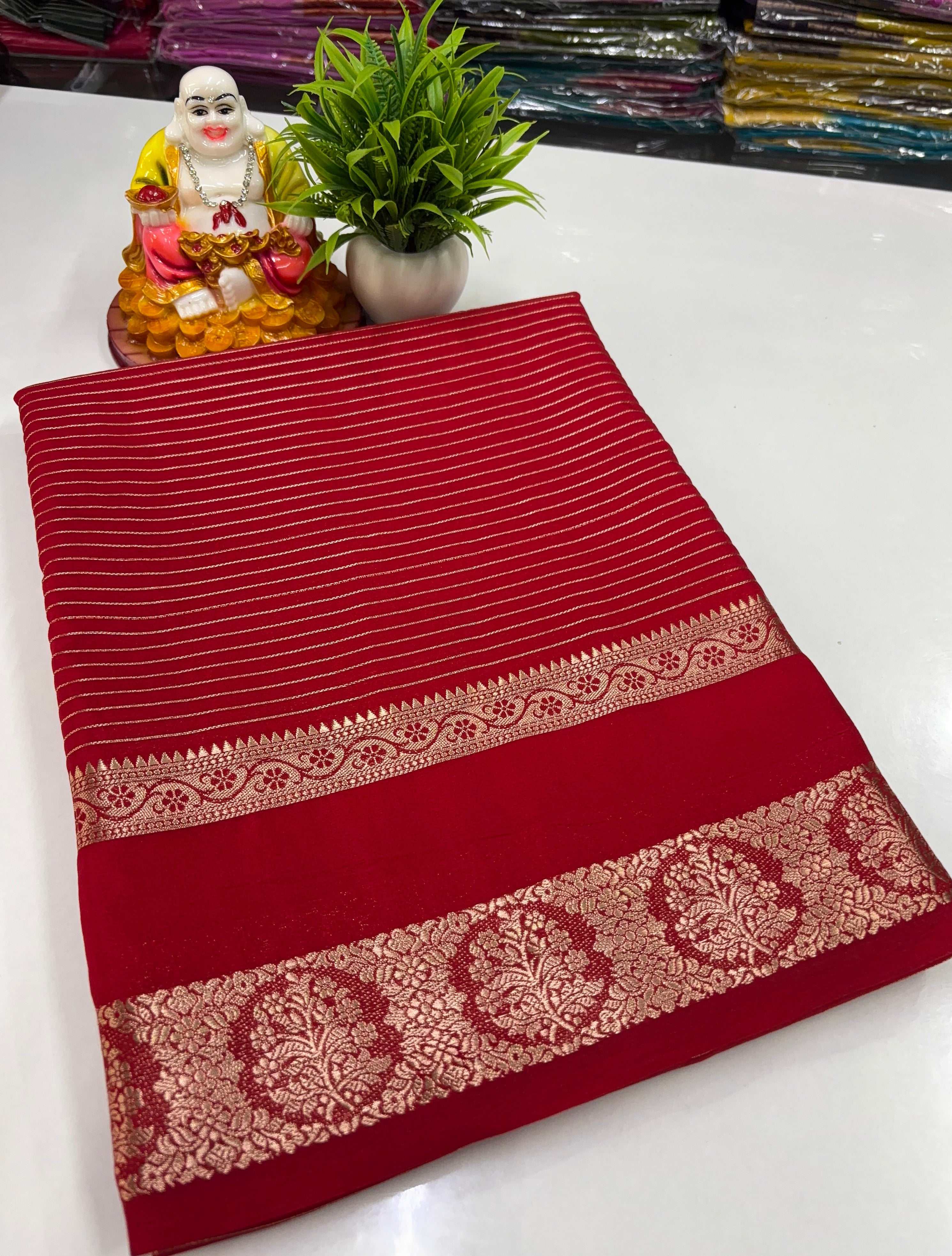 Mysore Crepe Silk Saree with Stripes & Rich Pallu