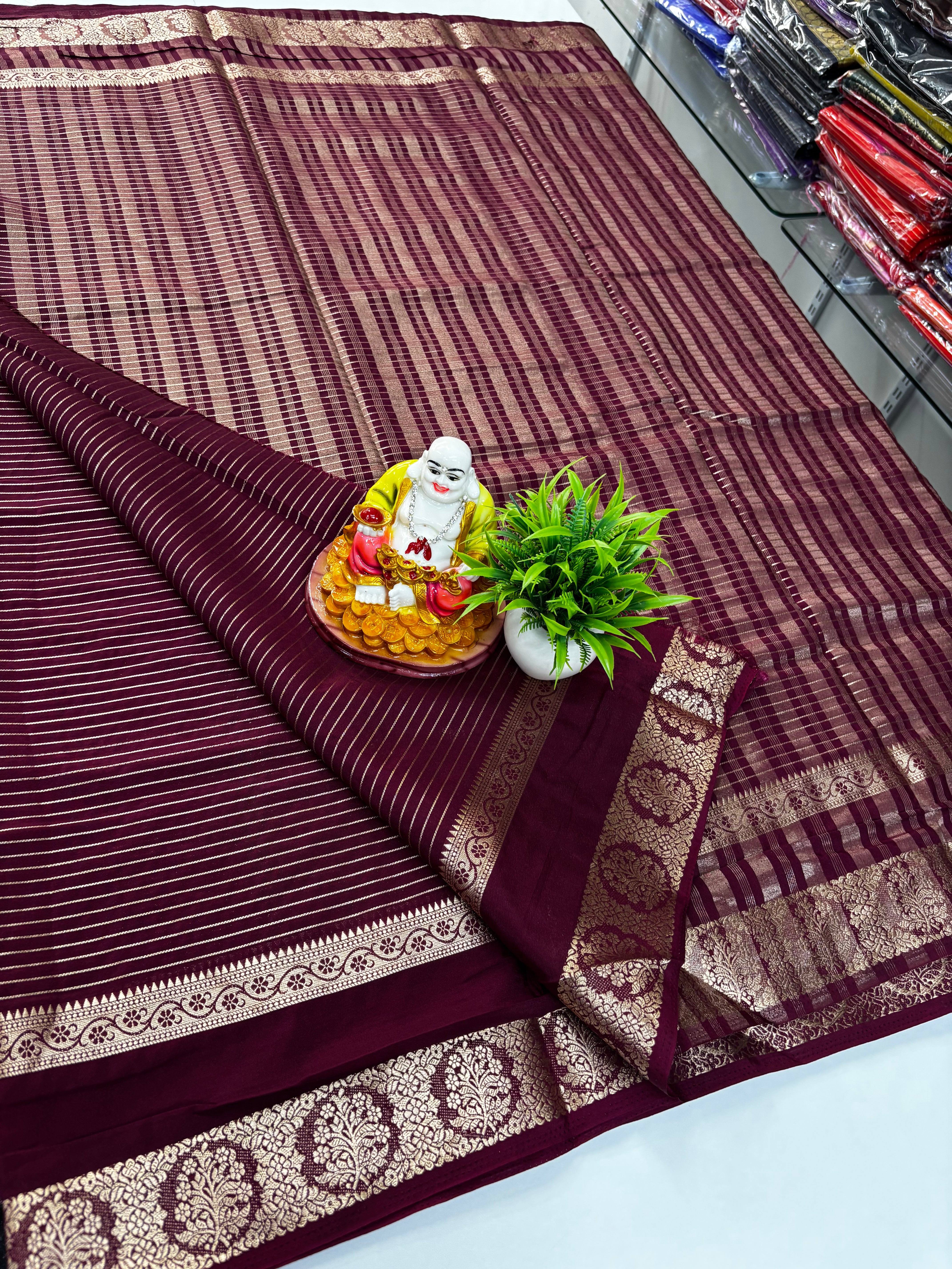 Mysore Crepe Silk Saree with Stripes & Rich Pallu