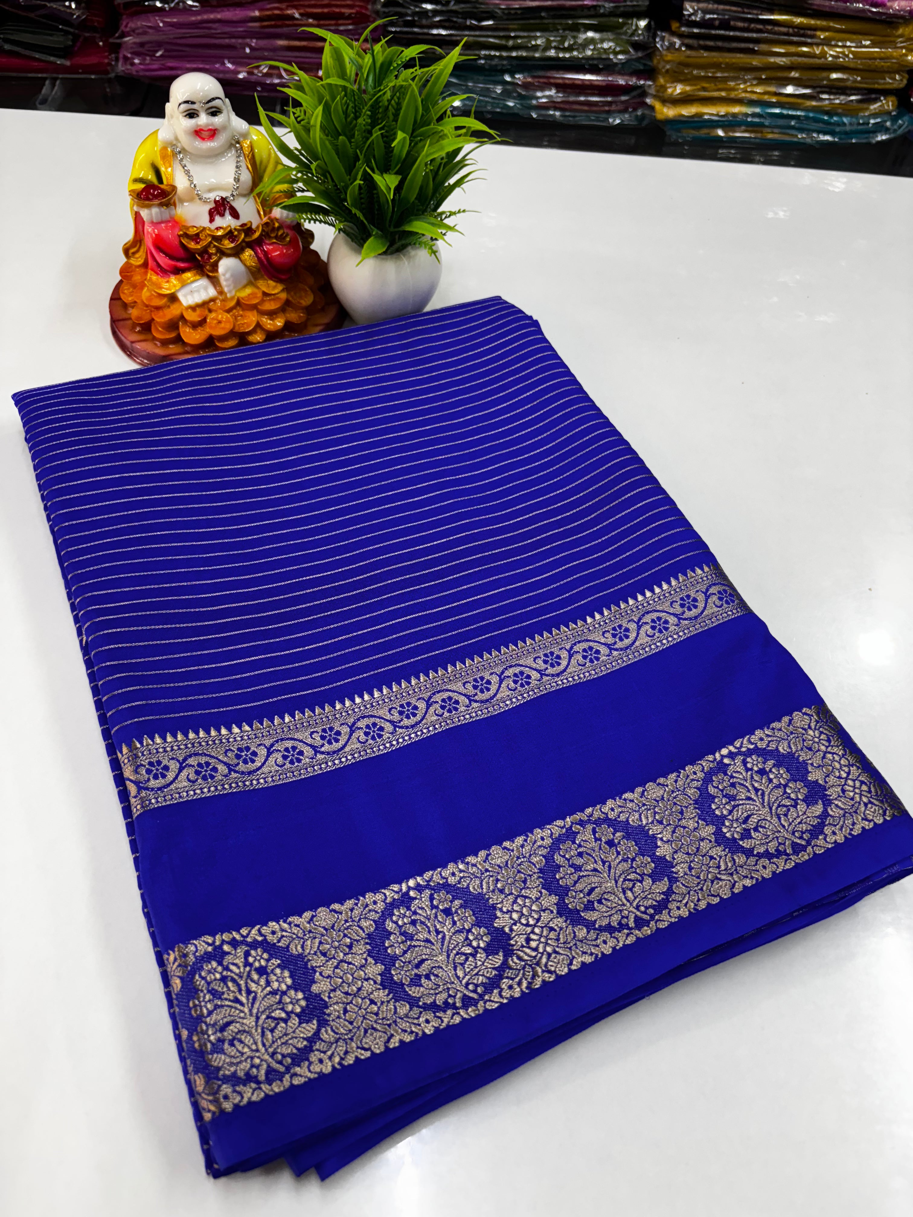 Mysore Crepe Silk Saree with Stripes & Rich Pallu