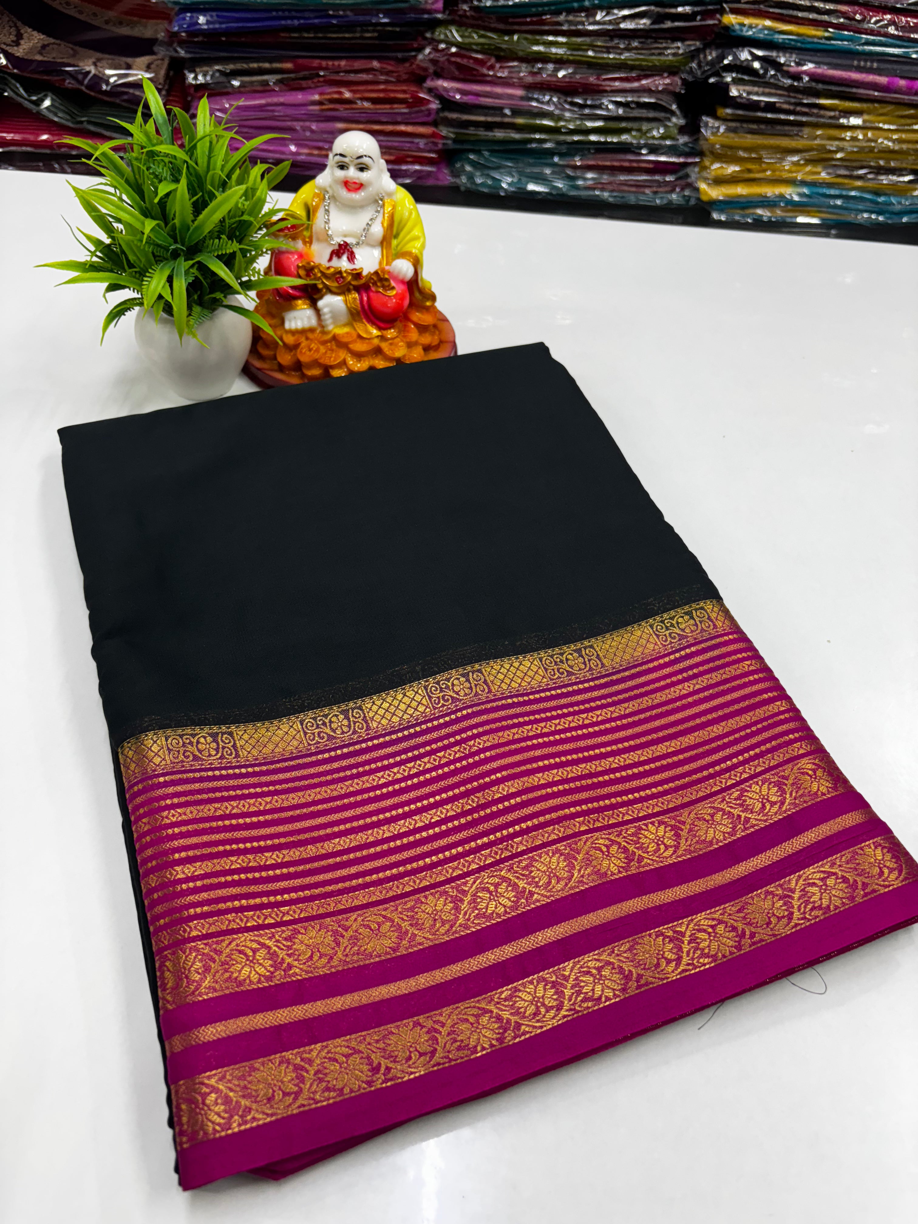 Mysore Crepe Silk Saree with Contrast Border &amp; Rich Pallu