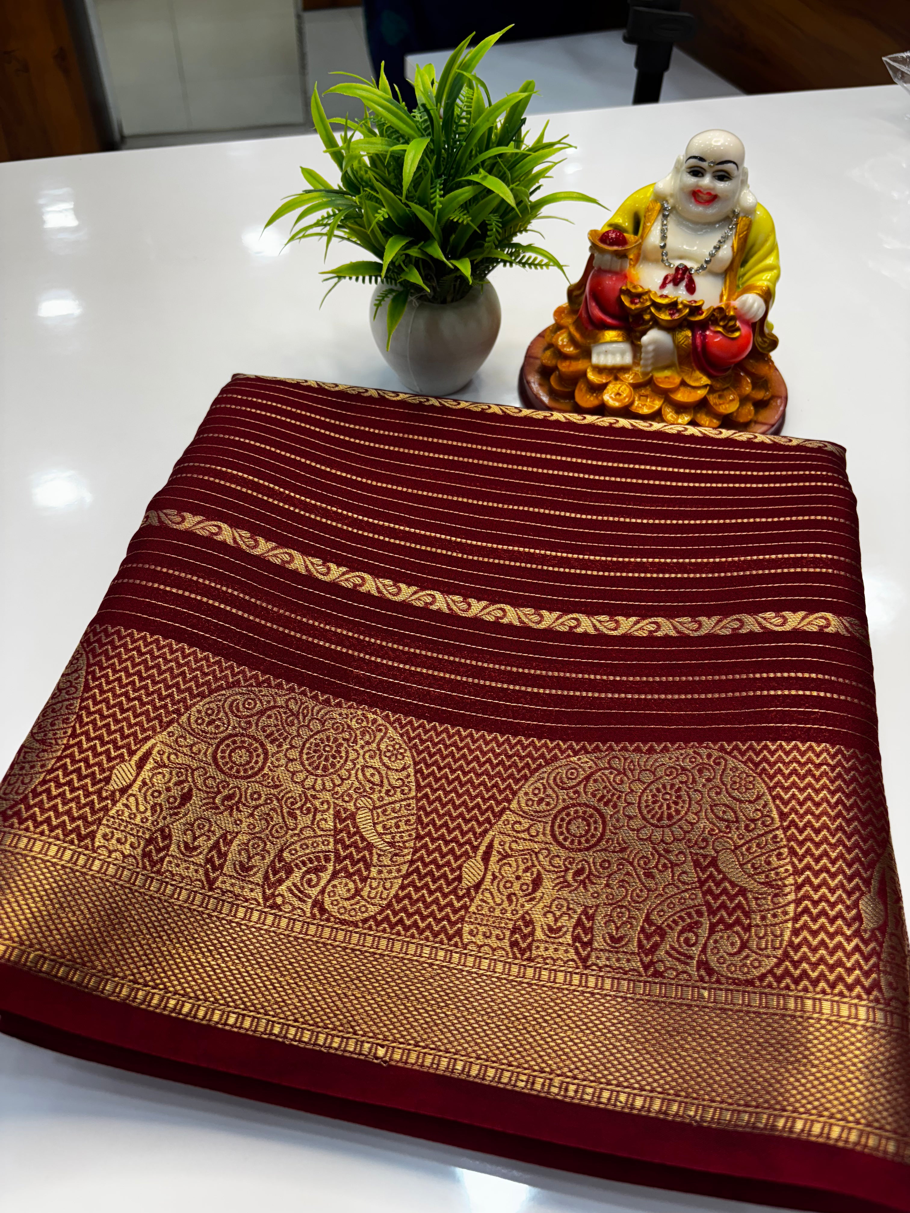 Mysore Crepe Silk Saree with Elephant Border & Elegant Stripes