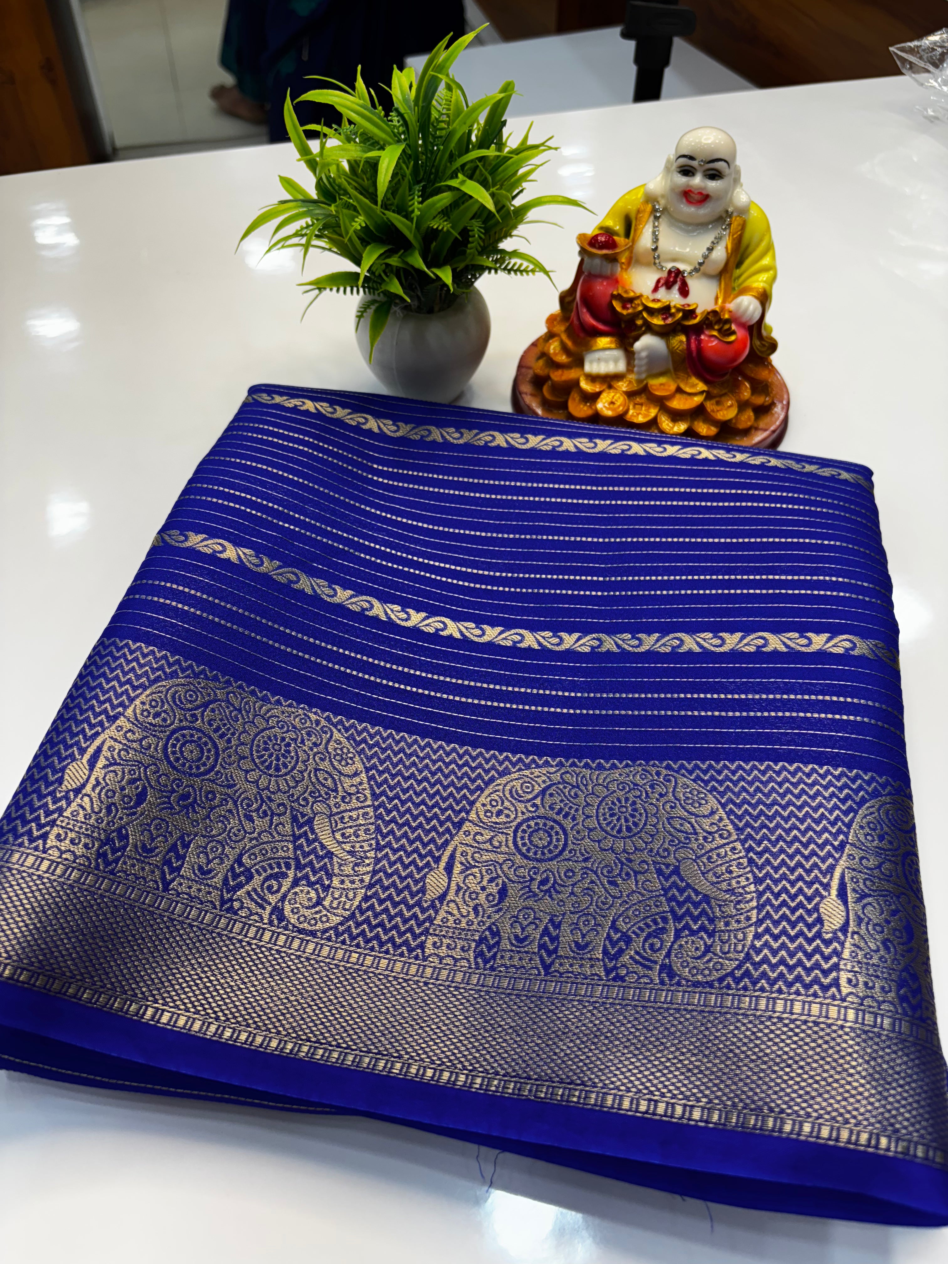 Mysore Crepe Silk Saree with Elephant Border & Elegant Stripes