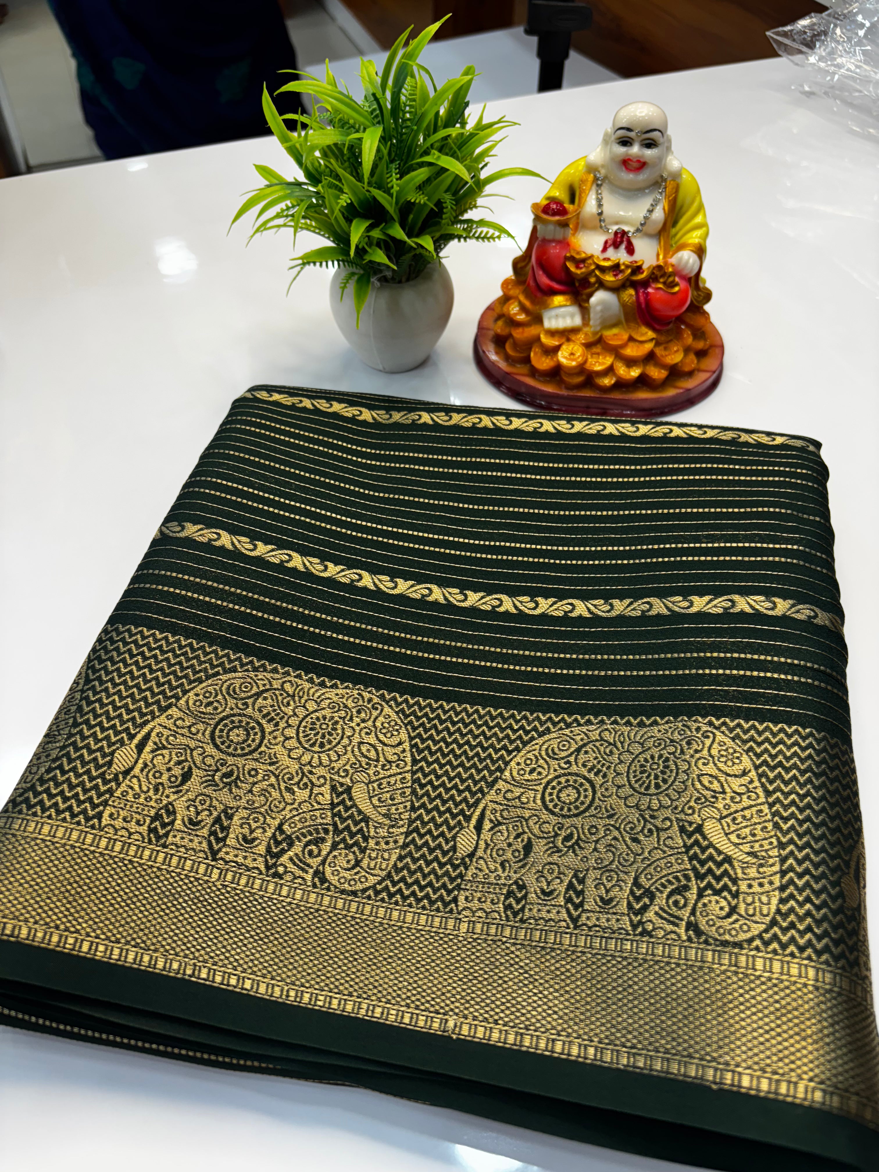 Mysore Crepe Silk Saree with Elephant Border & Elegant Stripes