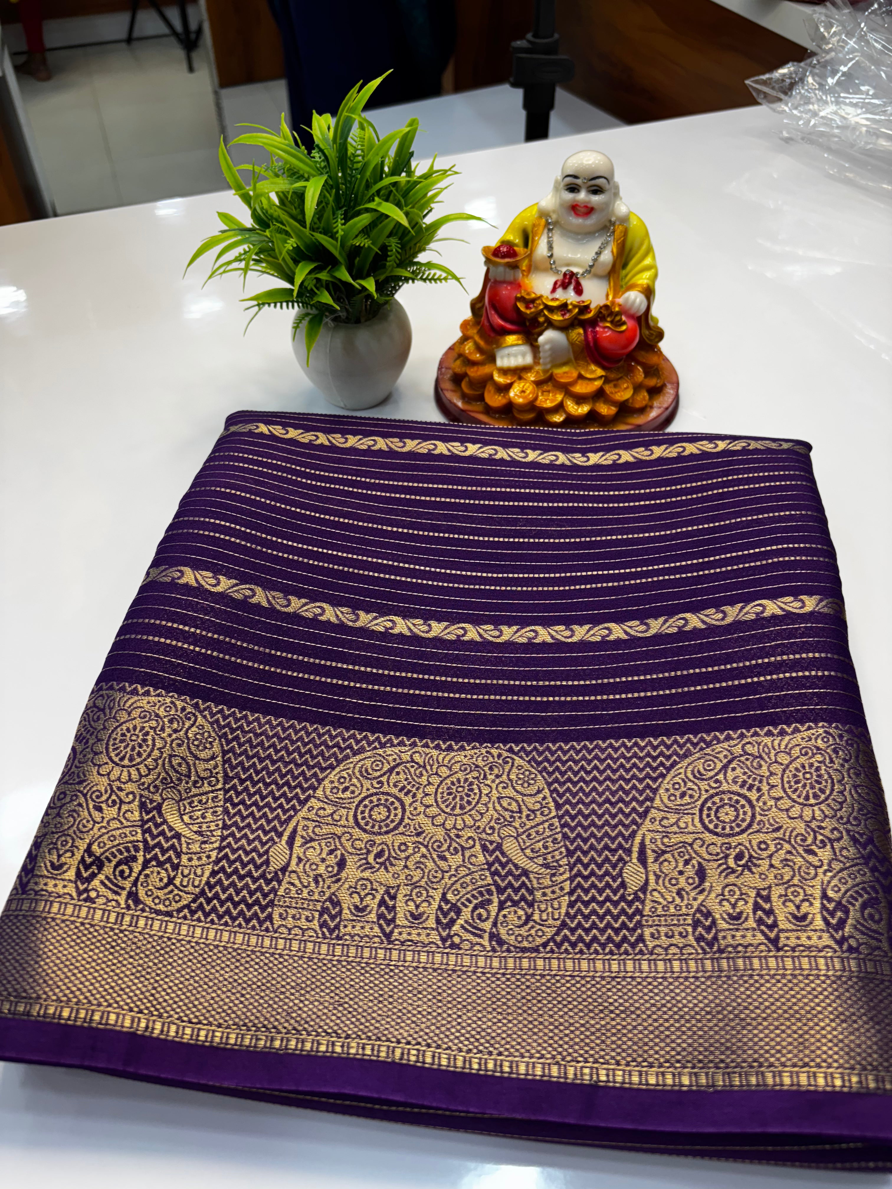 Mysore Crepe Silk Saree with Elephant Border & Elegant Stripes