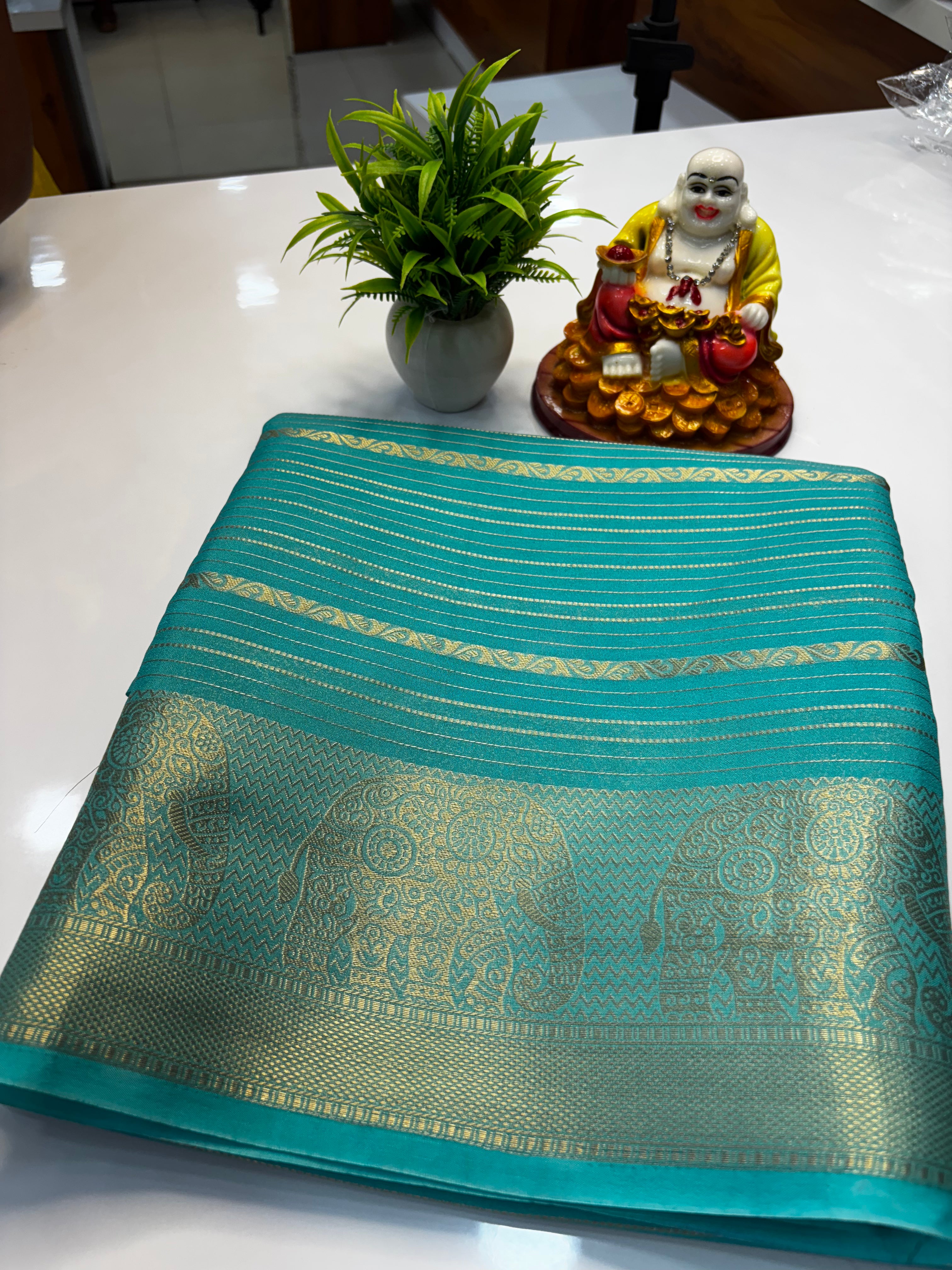 Mysore Crepe Silk Saree with Elephant Border & Elegant Stripes
