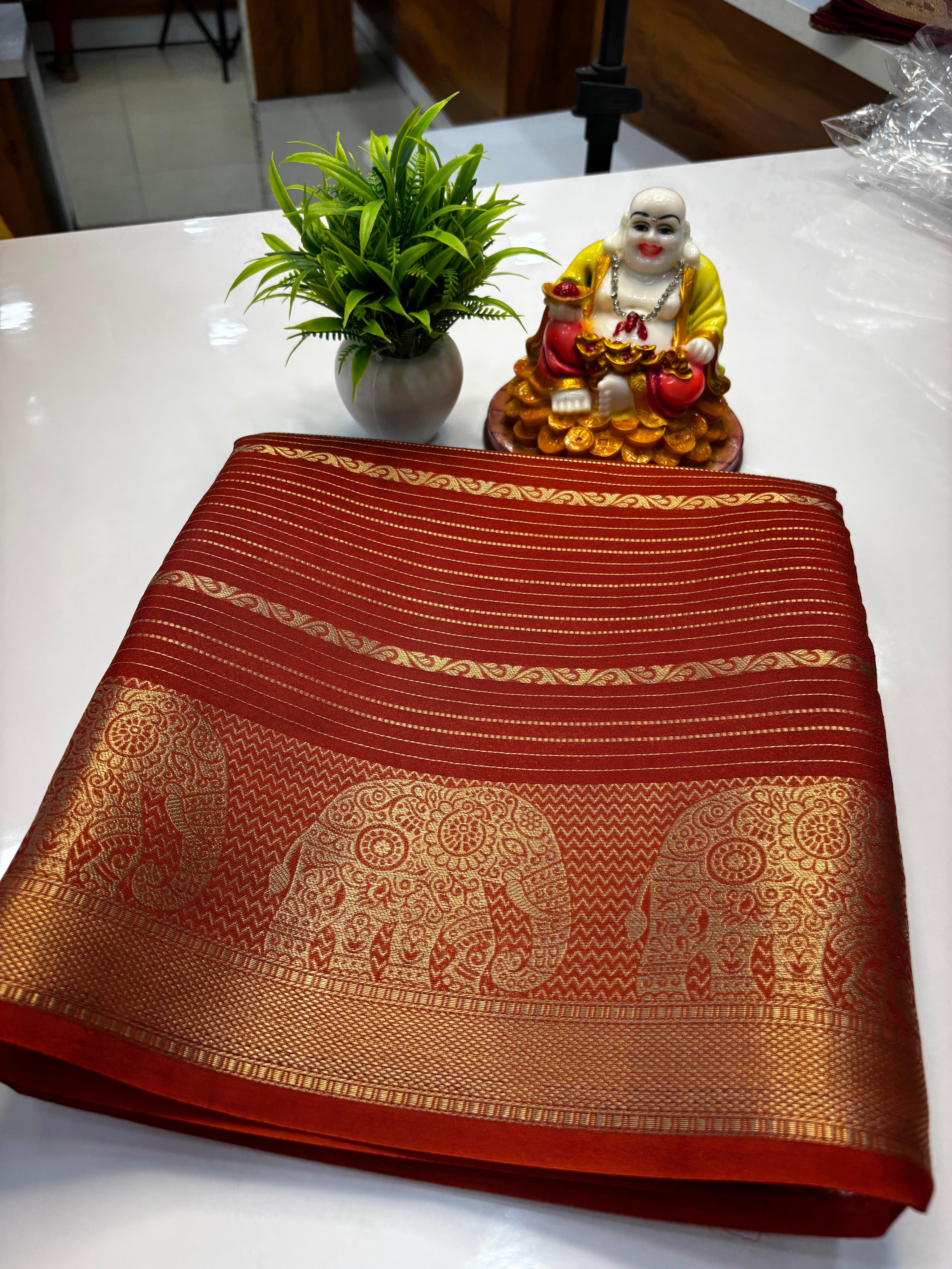 Mysore Crepe Silk Saree with Elephant Border & Elegant Stripes