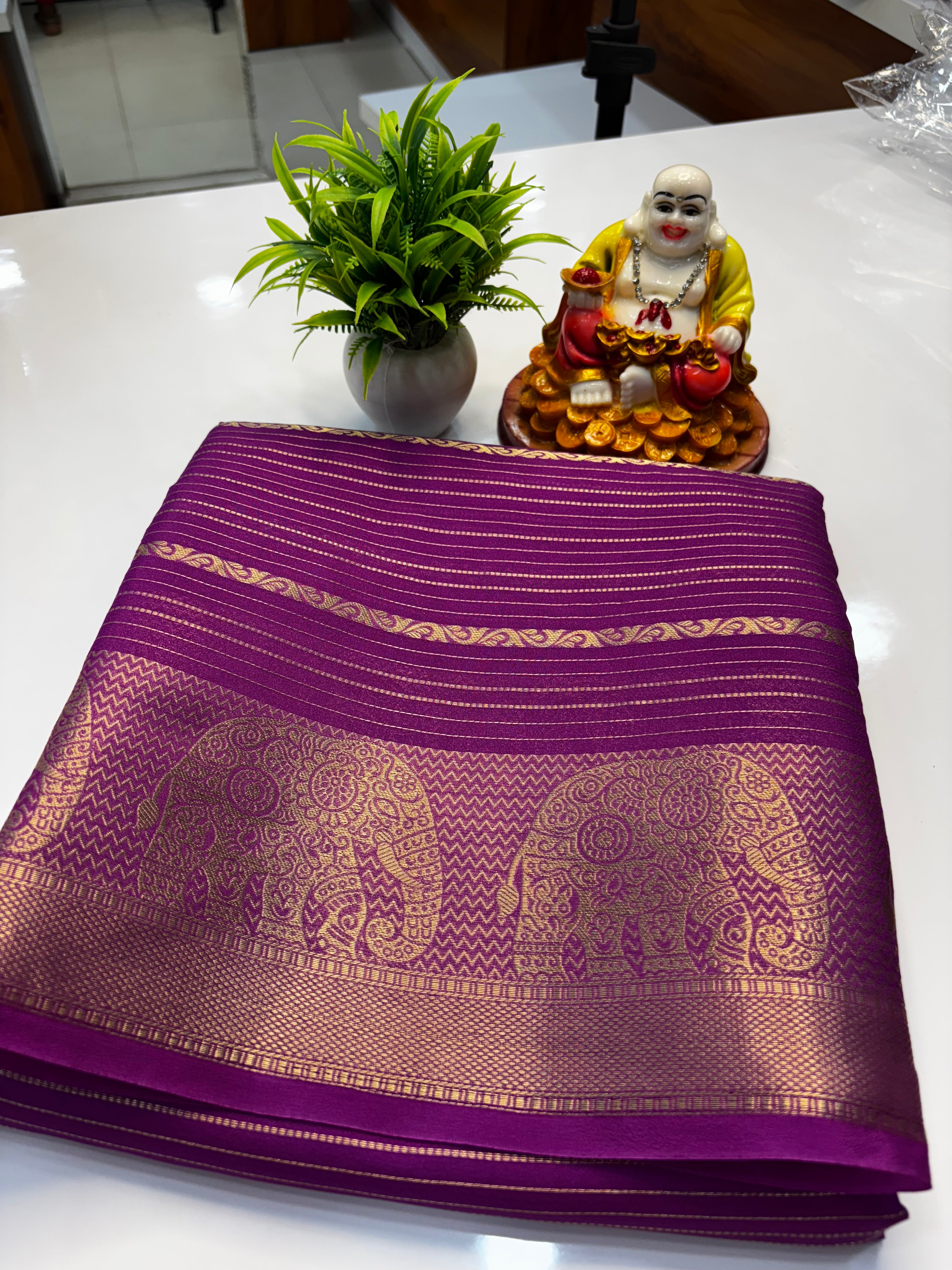 Mysore Crepe Silk Saree with Elephant Border & Elegant Stripes