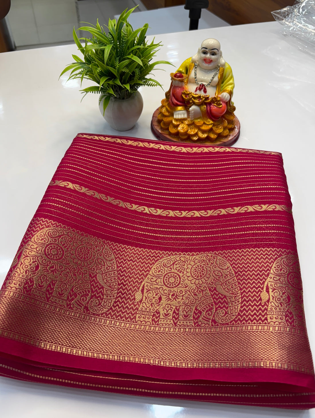 Mysore Crepe Silk Saree with Elephant Border & Elegant Stripes