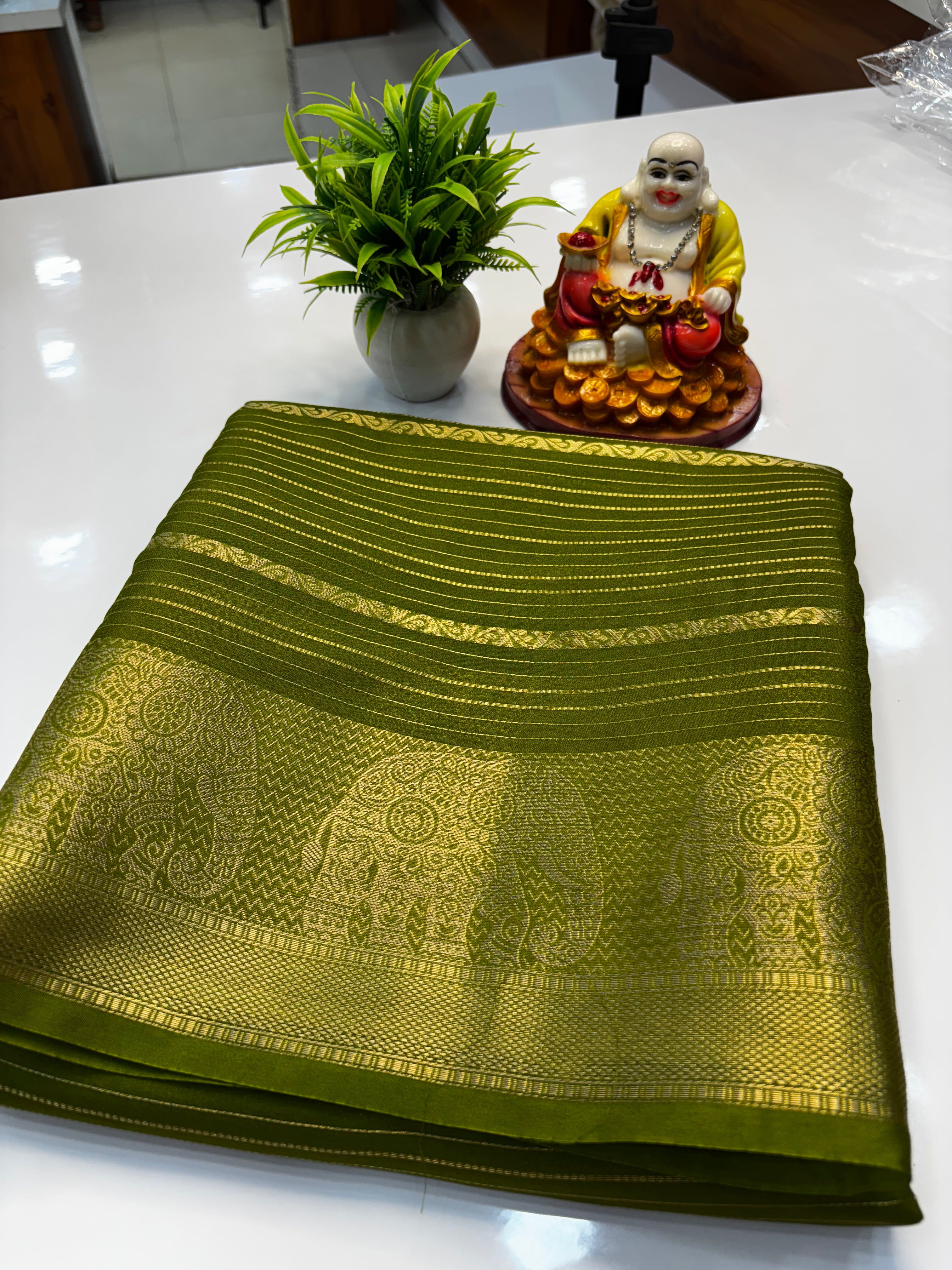 Mysore Crepe Silk Saree with Elephant Border & Elegant Stripes