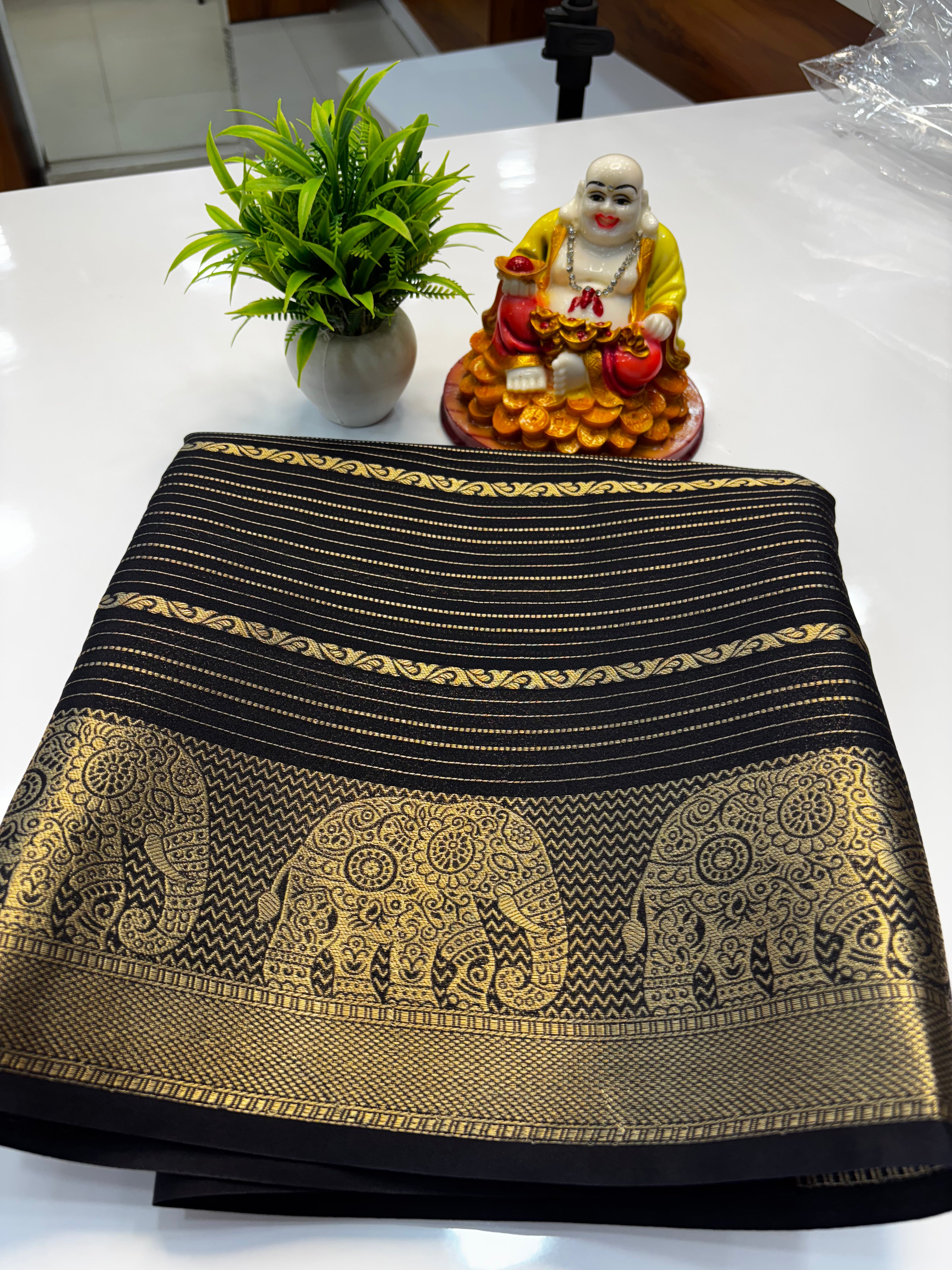 Mysore Crepe Silk Saree with Elephant Border & Elegant Stripes