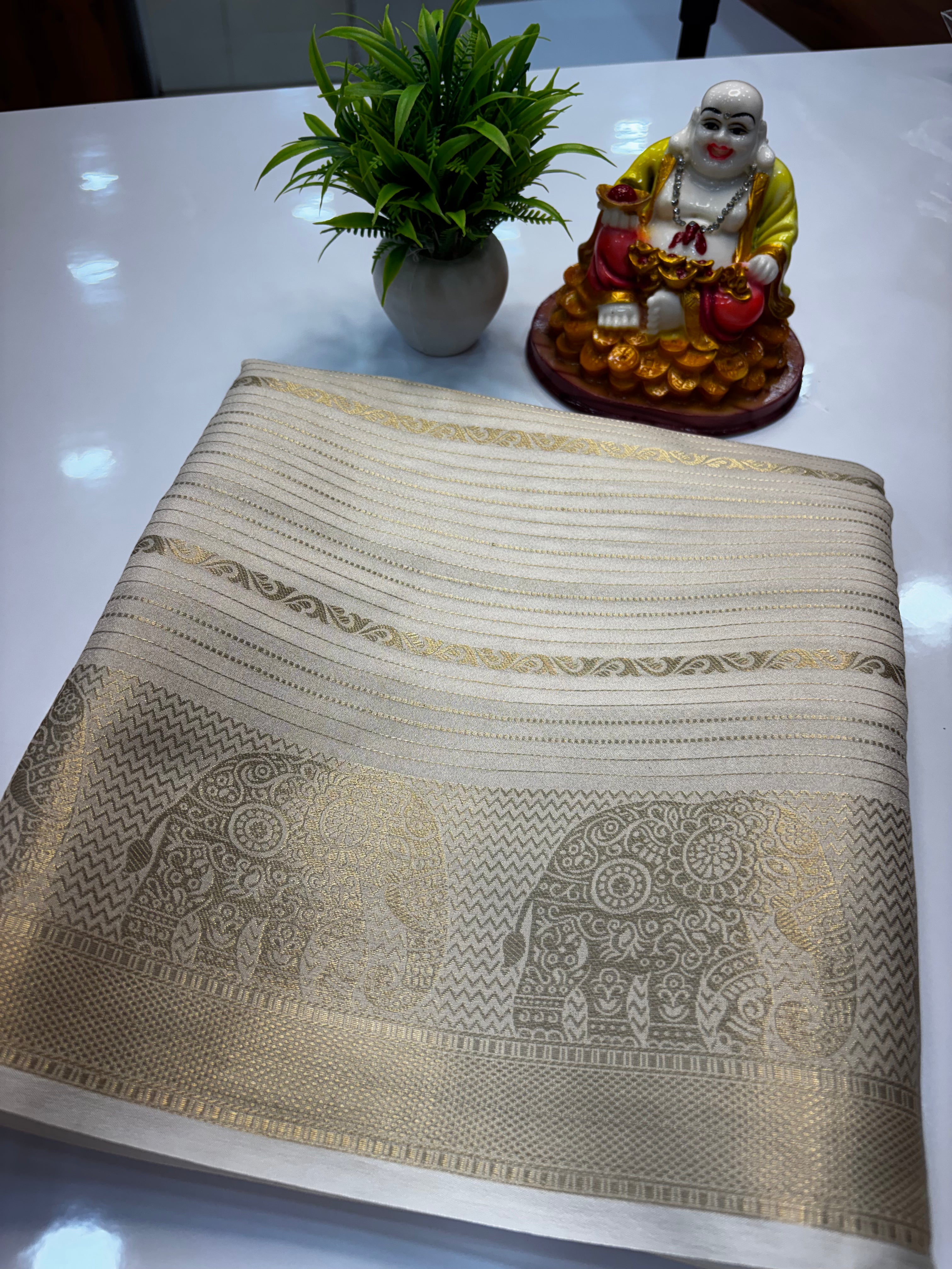 Mysore Crepe Silk Saree with Elephant Border & Elegant Stripes