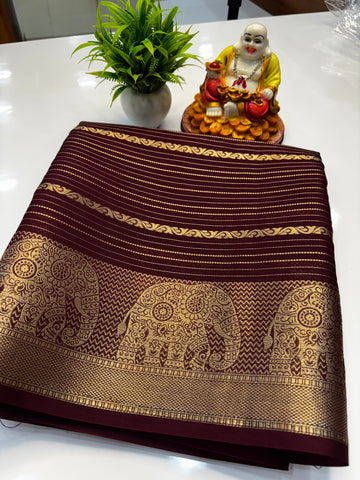 Mysore Crepe Silk Saree with Elephant Border & Elegant Stripes