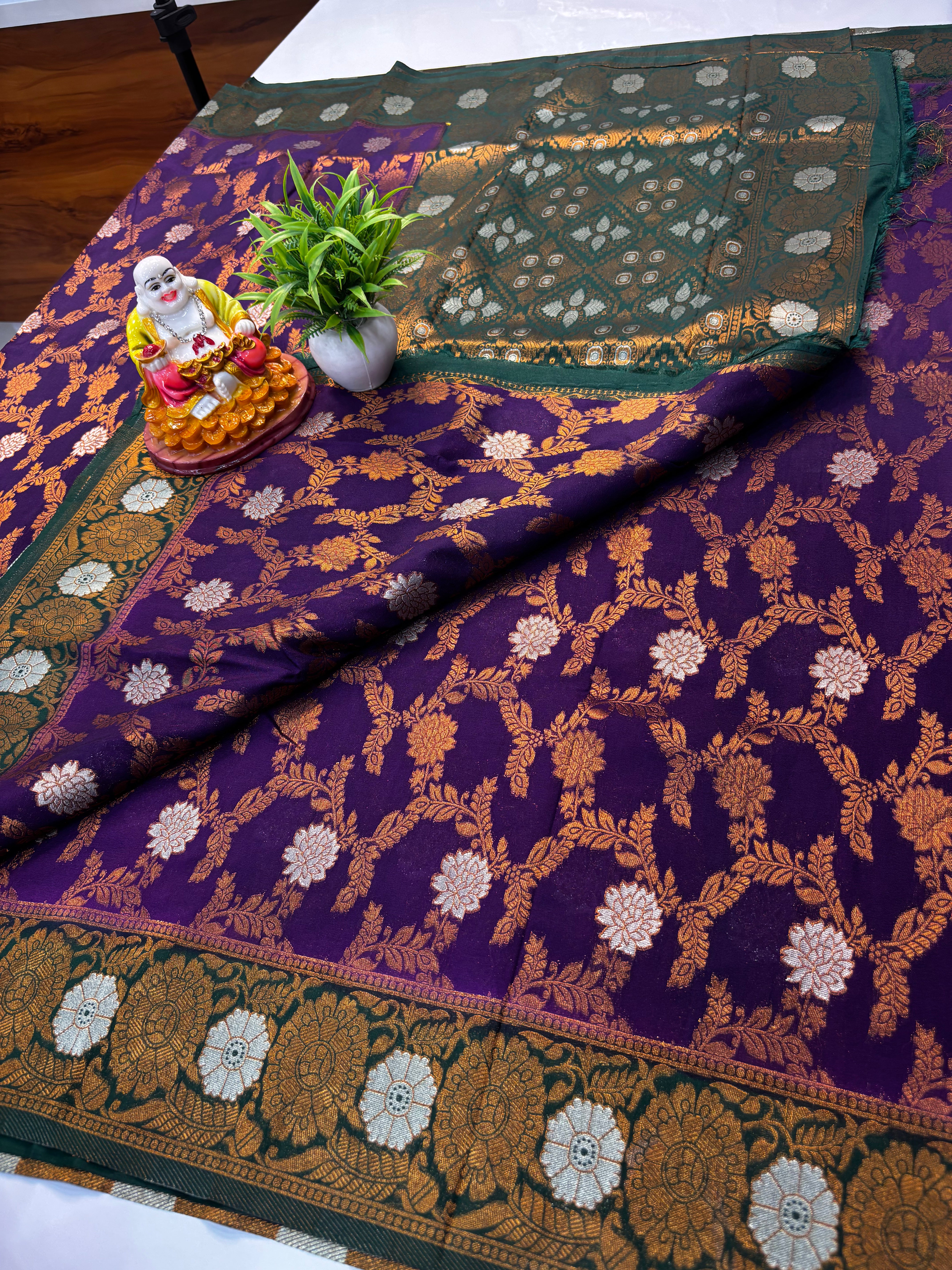Tussar Silk Saree with Georgette Pattern & Meenakari Design | Rich Pallu