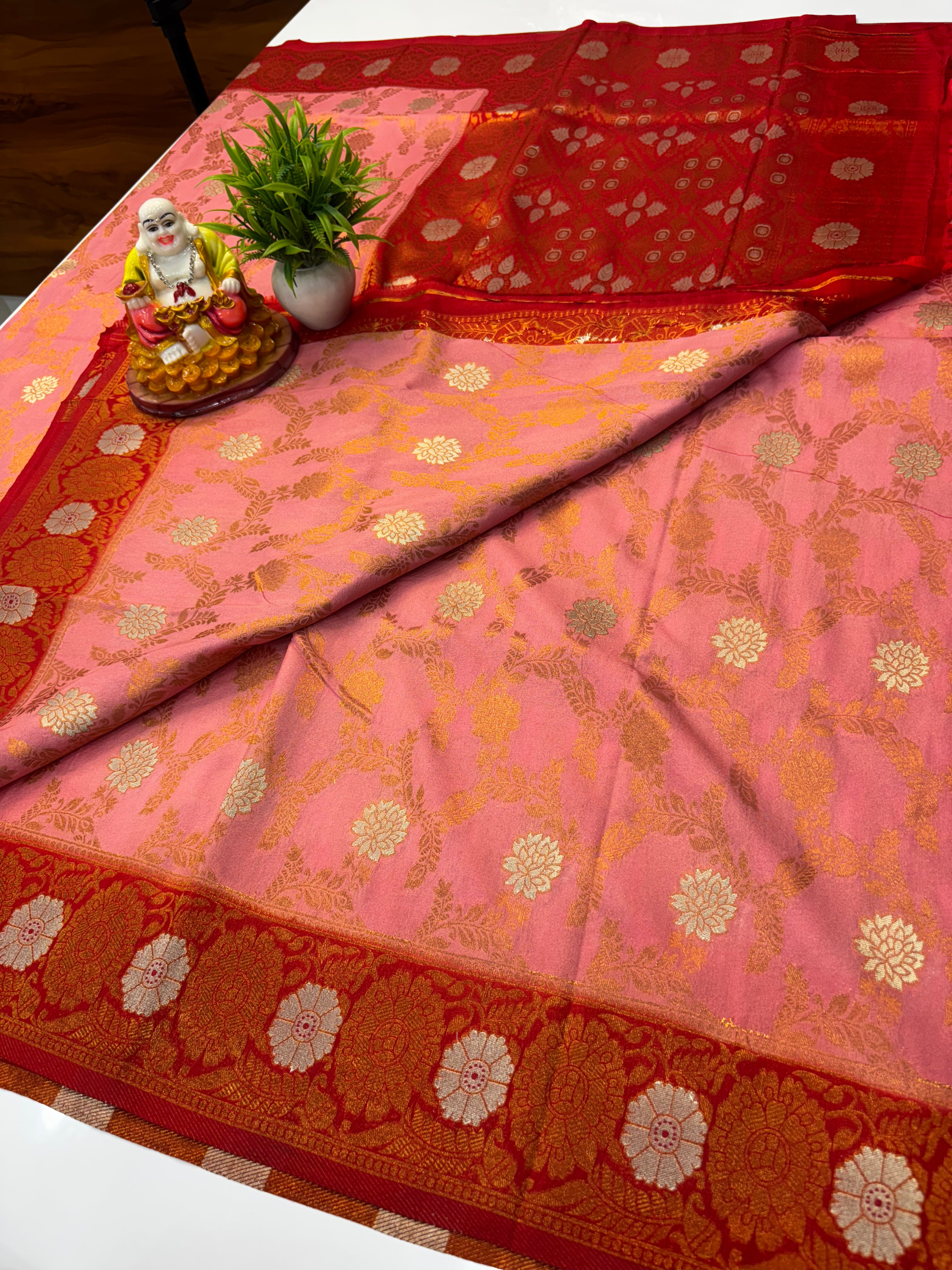 Tussar Silk Saree with Georgette Pattern & Meenakari Design | Rich Pallu