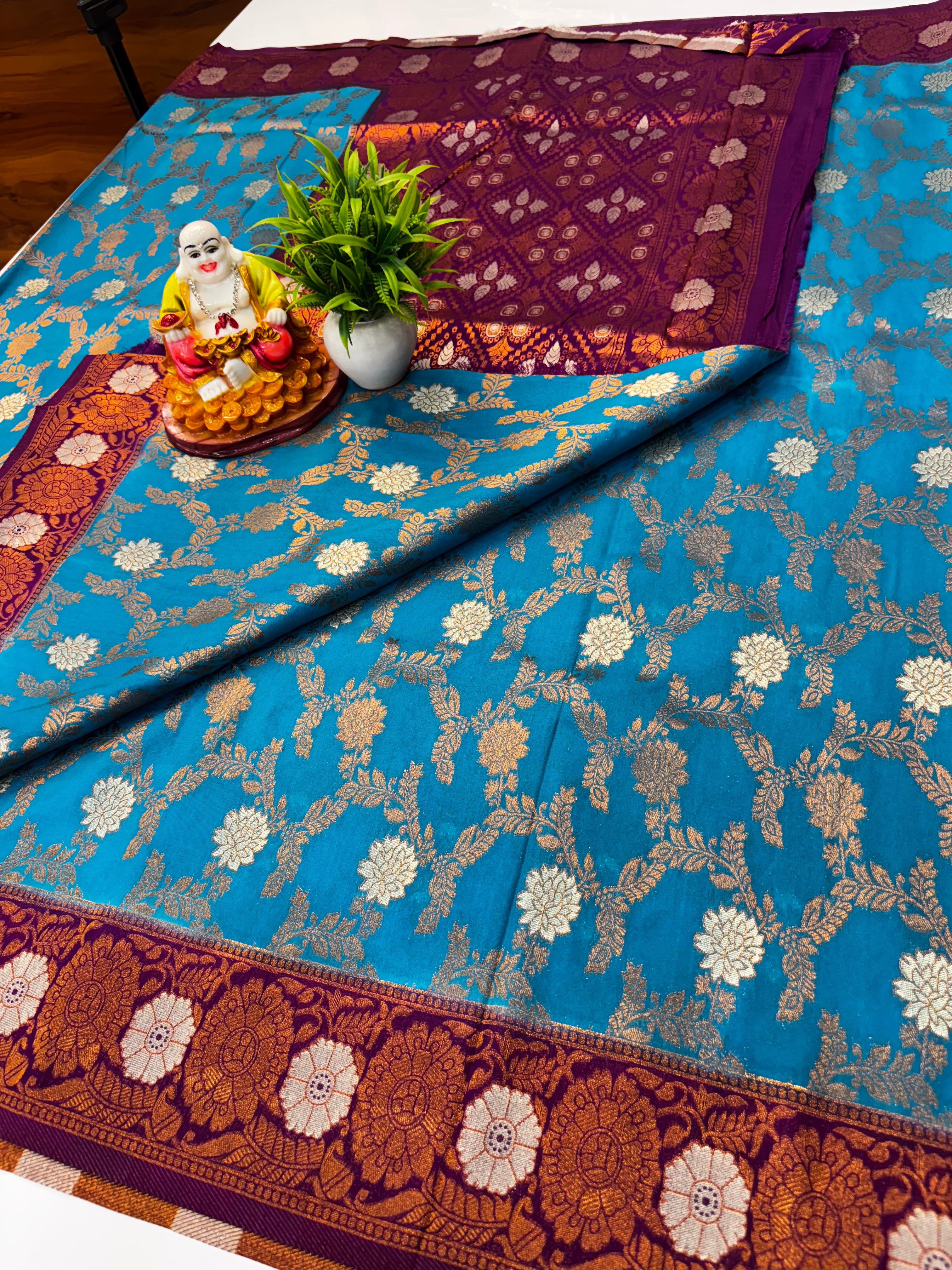 Tussar Silk Saree with Georgette Pattern & Meenakari Design | Rich Pallu