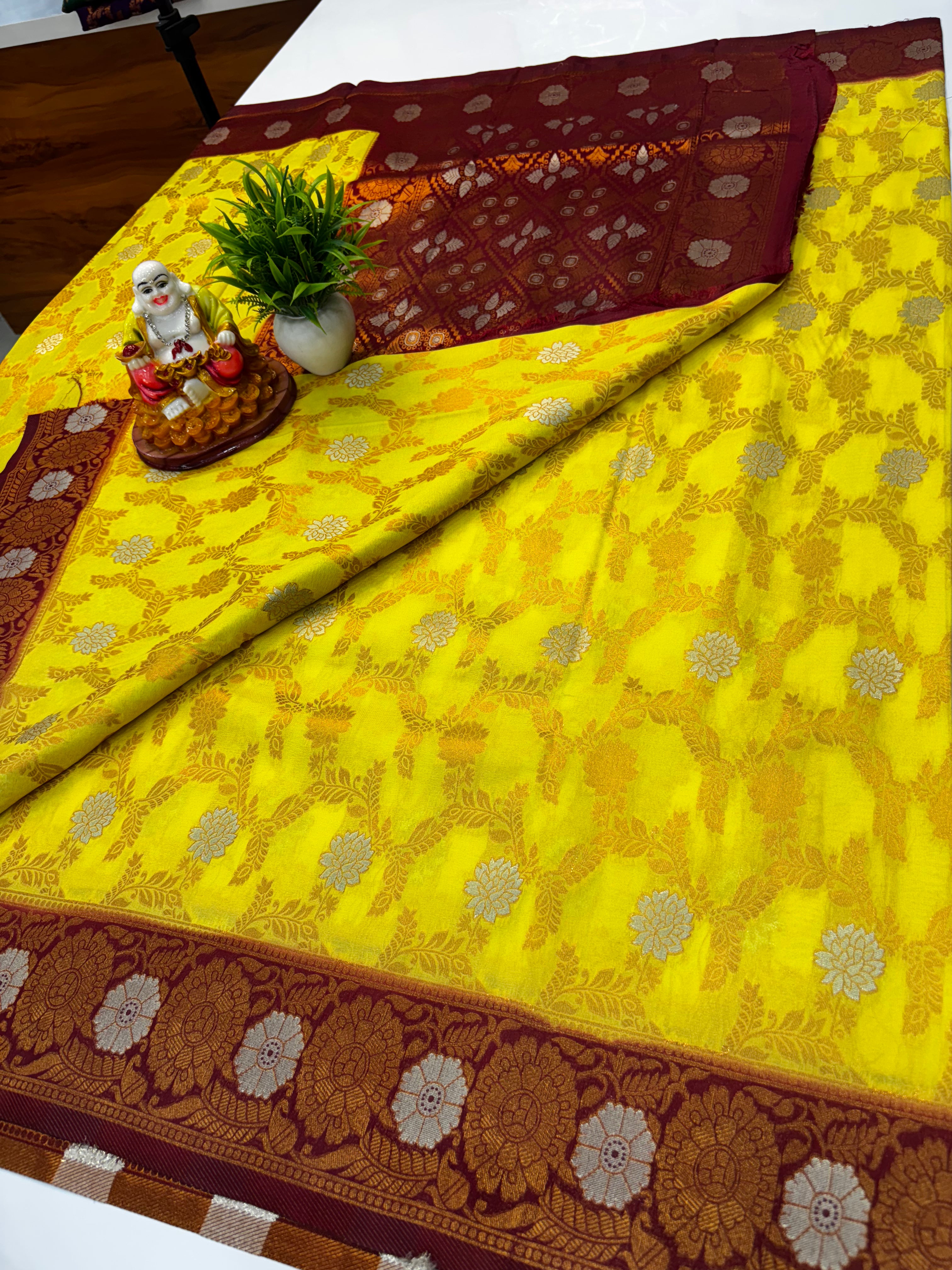 Tussar Silk Saree with Georgette Pattern & Meenakari Design | Rich Pallu