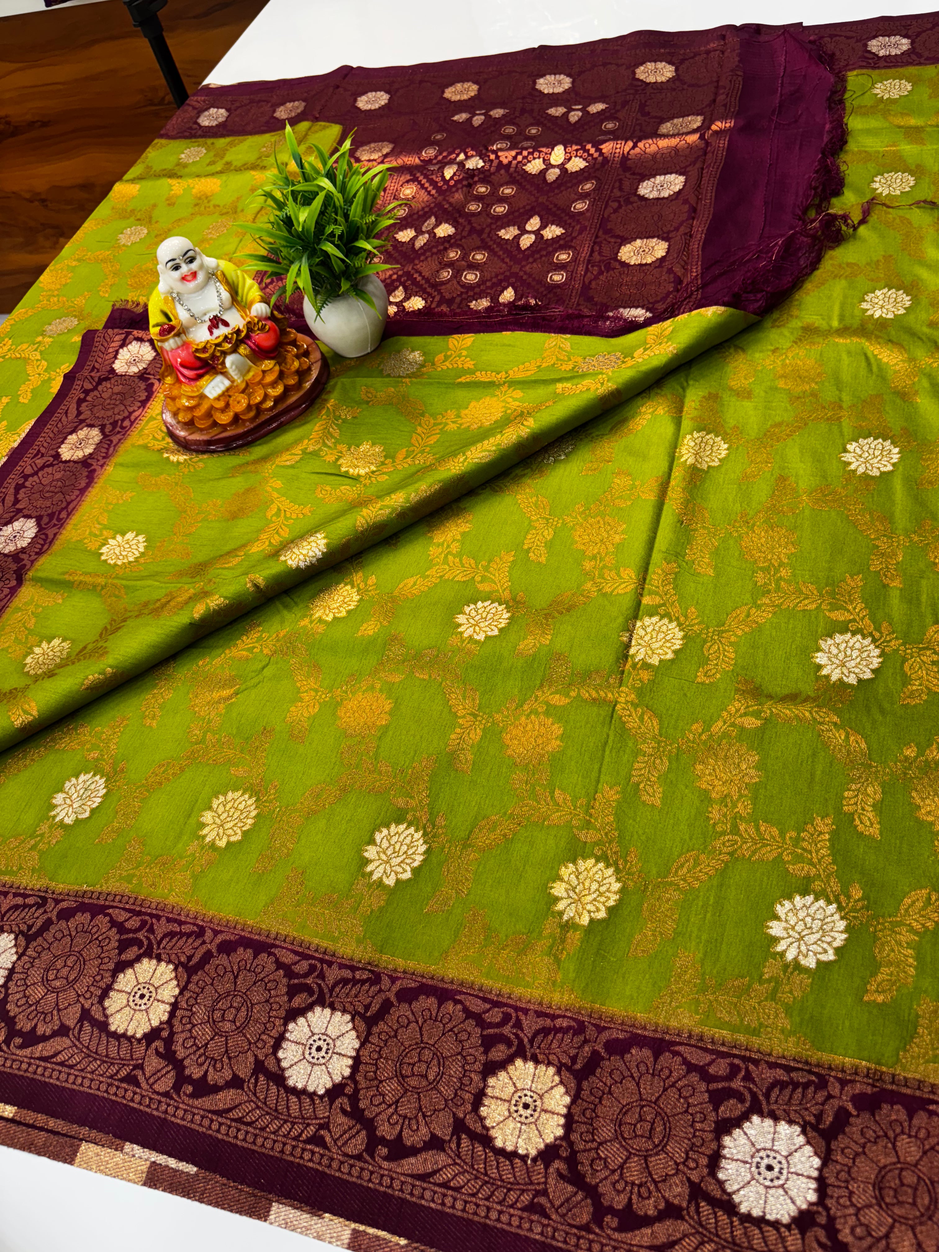 Tussar Silk Saree with Georgette Pattern & Meenakari Design | Rich Pallu