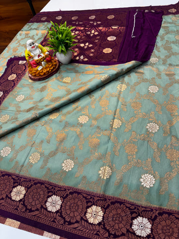Tussar Silk Saree with Georgette Pattern & Meenakari Design | Rich Pallu