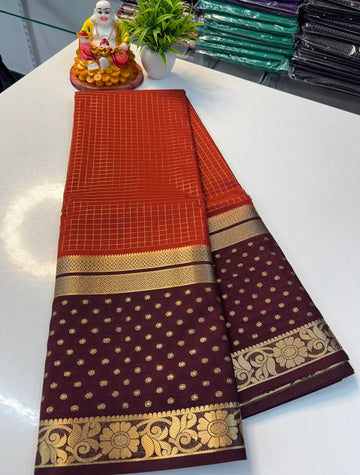 Beautiful Bindhi Border Chex Pattern Mysore Crepe Silk Saree