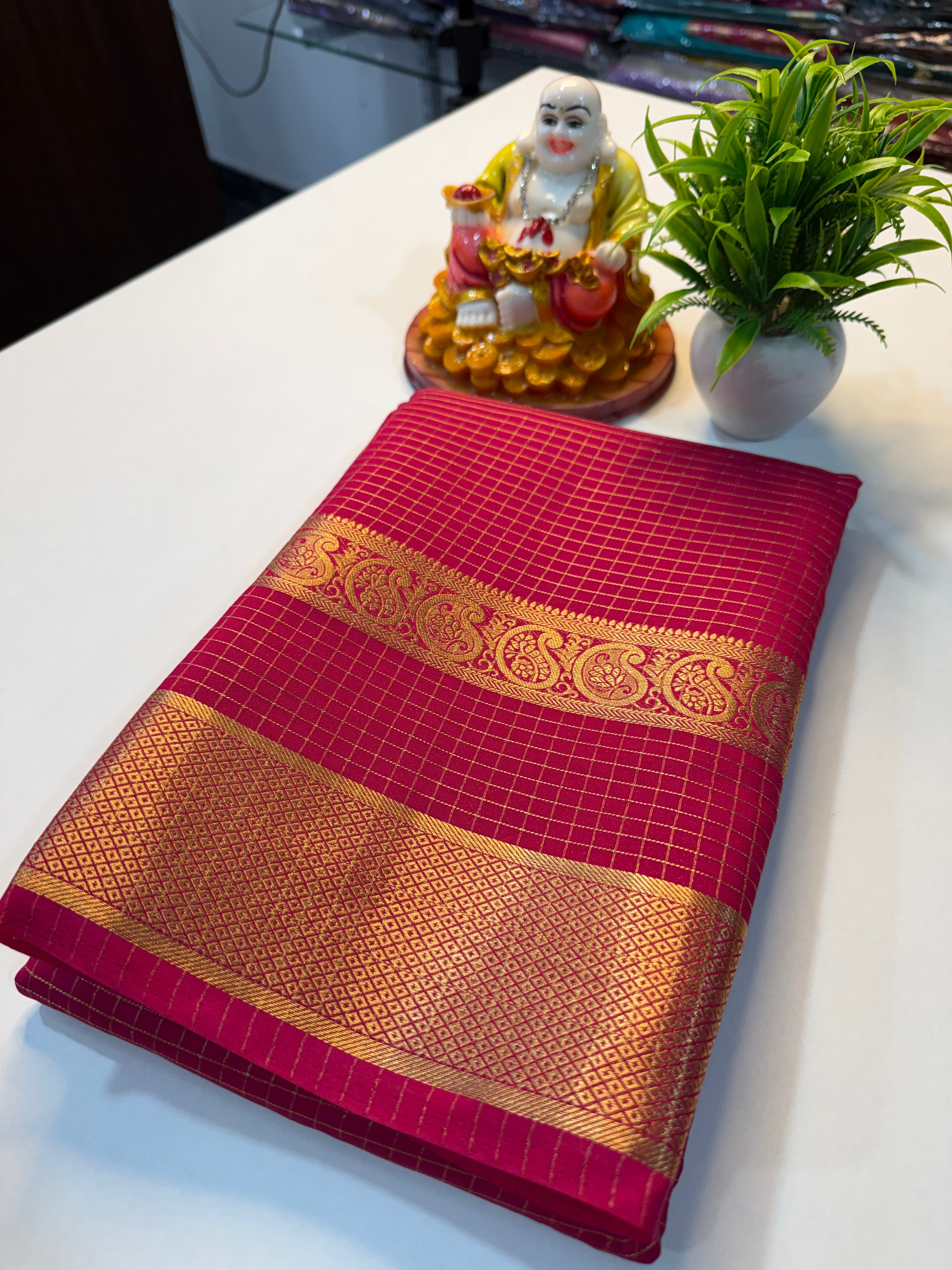 Premium Mysore Crepe Silk Saree with Checks & Mango Bentex Border…