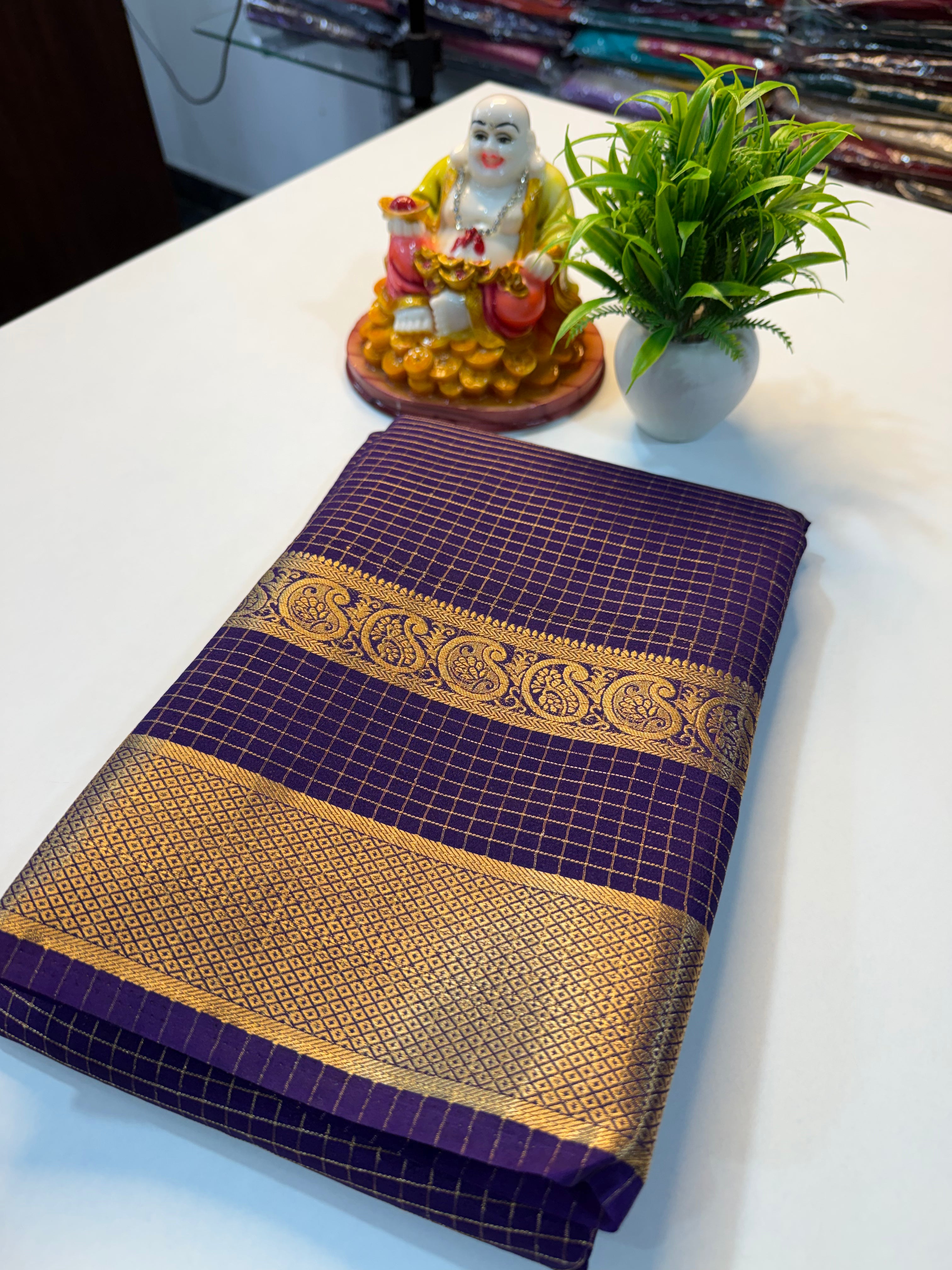Premium Mysore Crepe Silk Saree with Checks & Mango Bentex Border…
