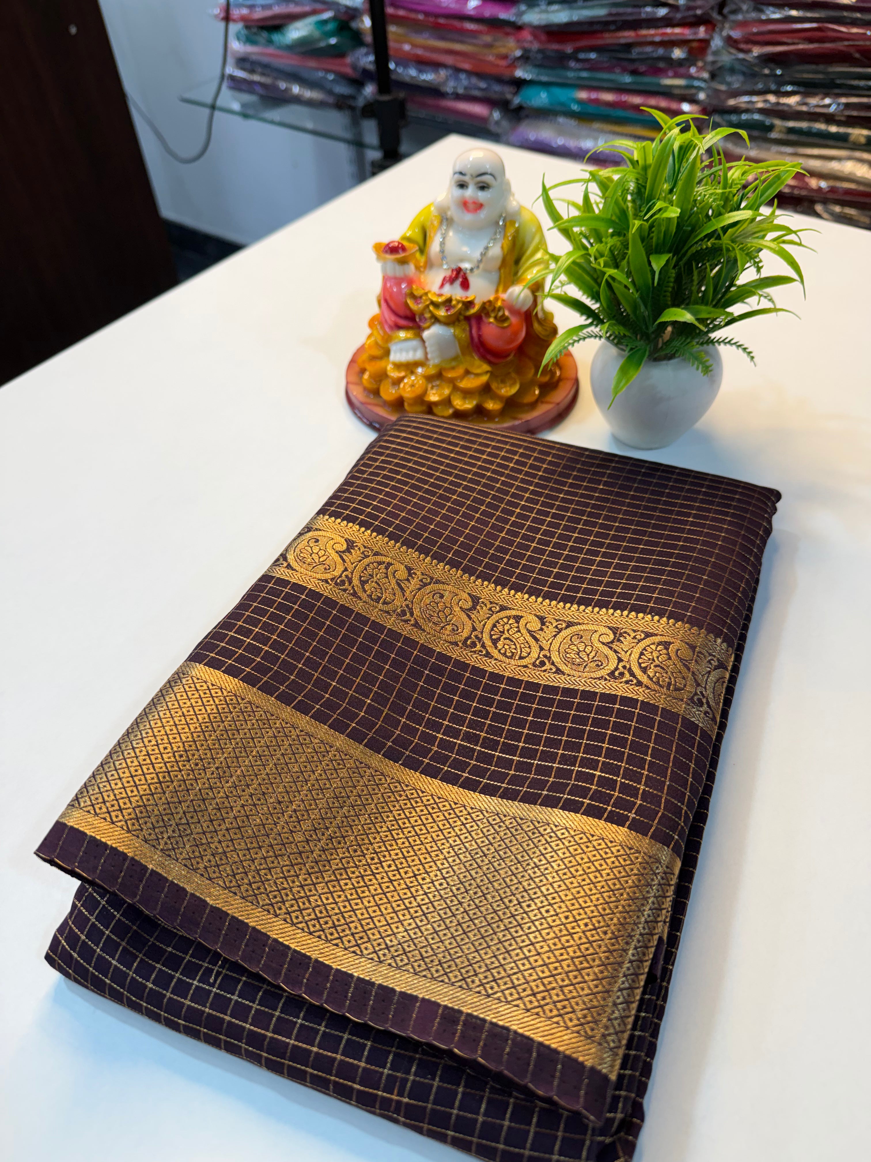 Premium Mysore Crepe Silk Saree with Checks & Mango Bentex Border…
