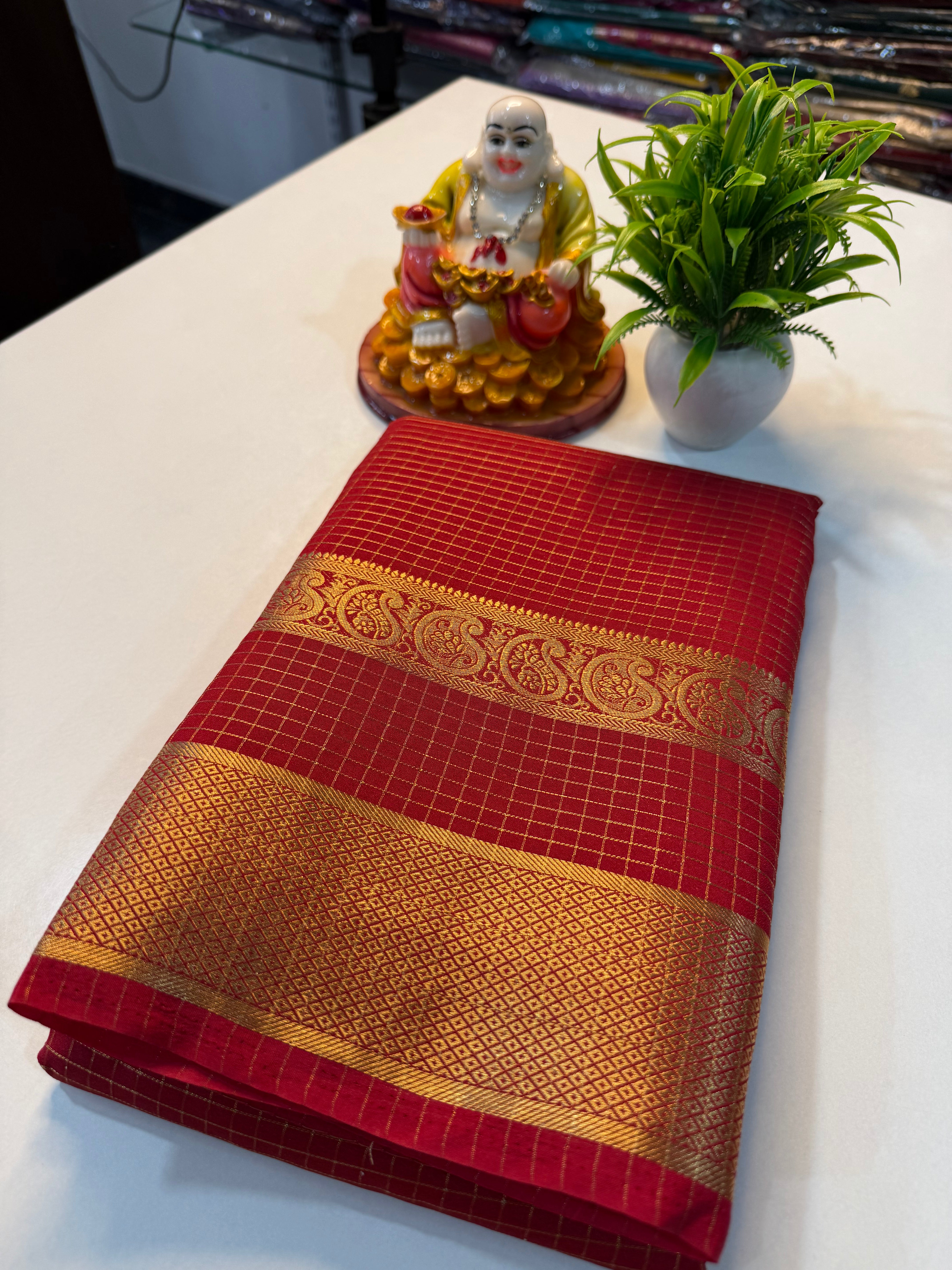 Premium Mysore Crepe Silk Saree with Checks & Mango Bentex Border…