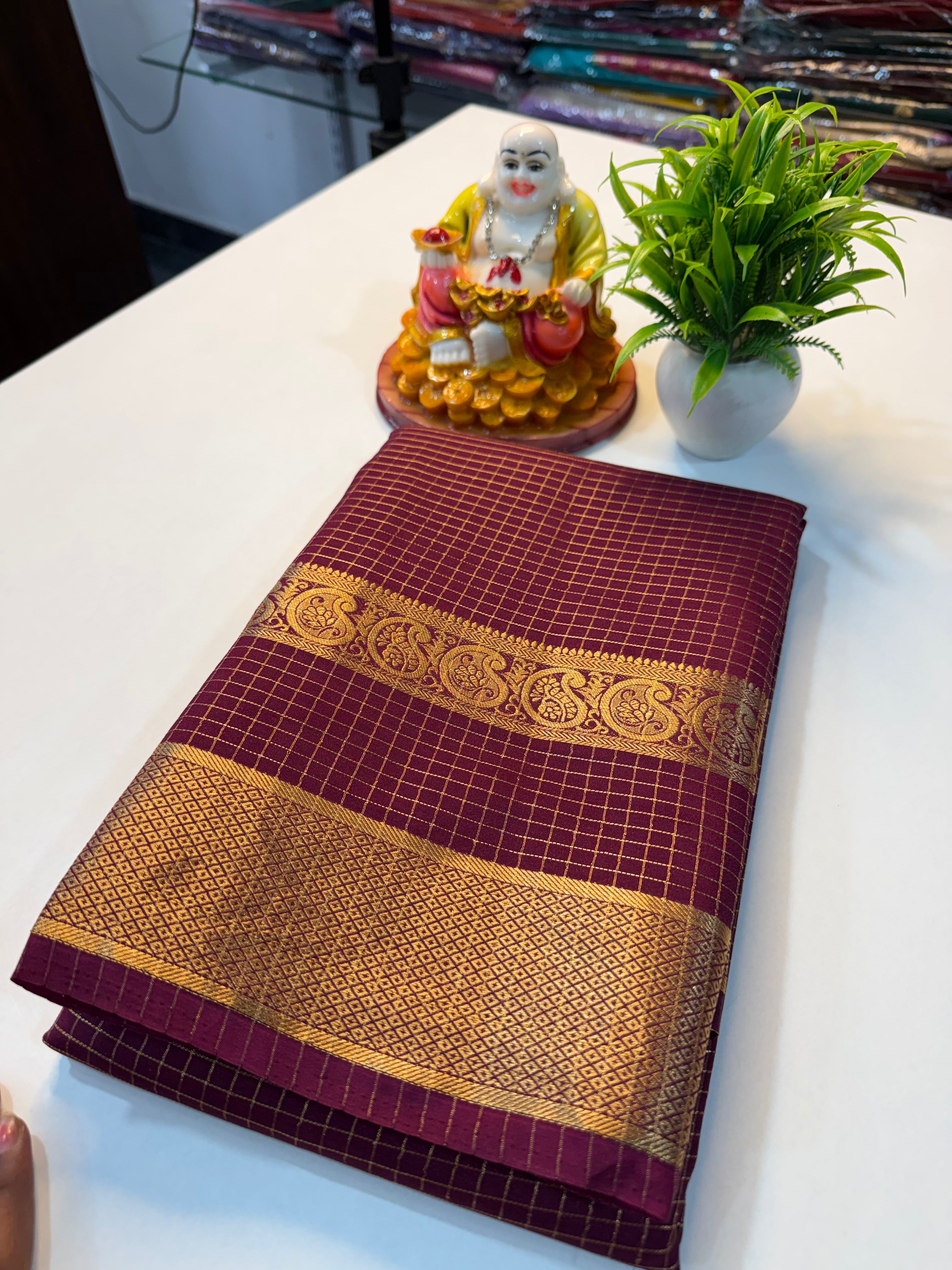 Premium Mysore Crepe Silk Saree with Checks & Mango Bentex Border…